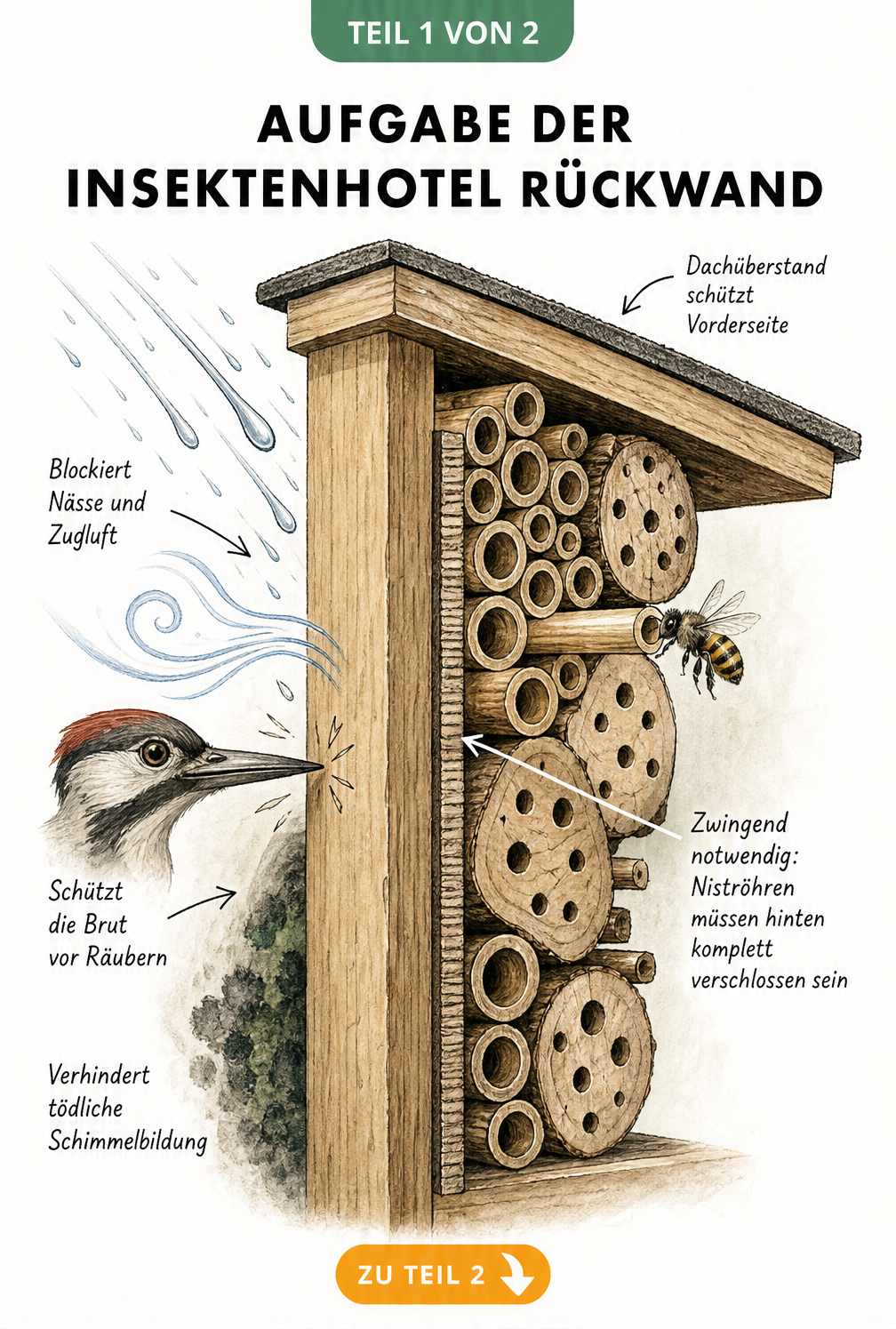 Querschnitt eines Insektenhotels mit massiver Rückwand, die vor Regen, Wind und Vögeln schützt, sowie Niströhren für Wildbienen.