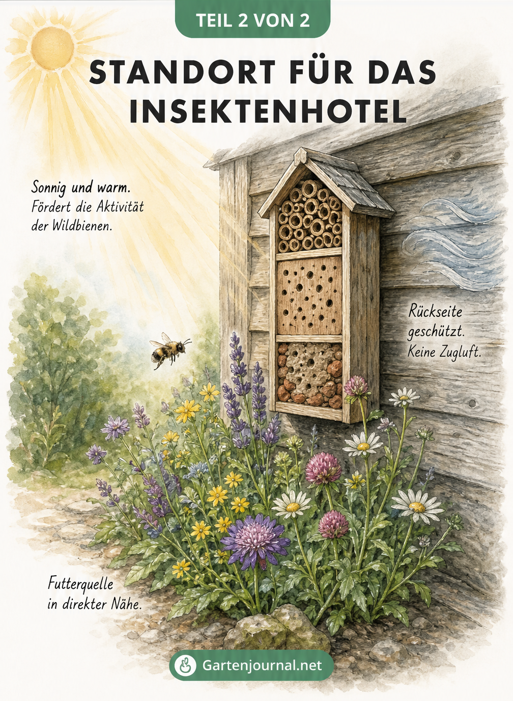 Aquarell-Zeichnung eines Insektenhotels an einer Holzwand mit Sonneneinstrahlung, Windschutz und Wildblumen als Futterquelle