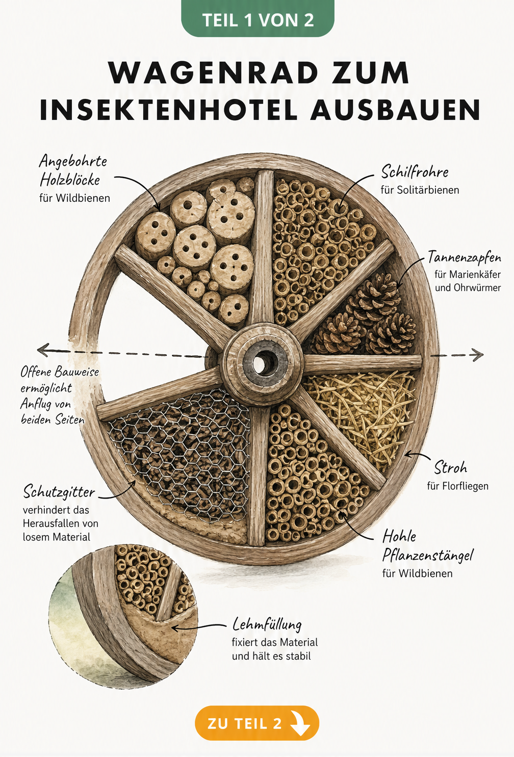 Illustration eines hölzernen Wagenrads, das als Insektenhotel umgebaut wurde, mit verschiedenen Naturmaterialien in den Kammern