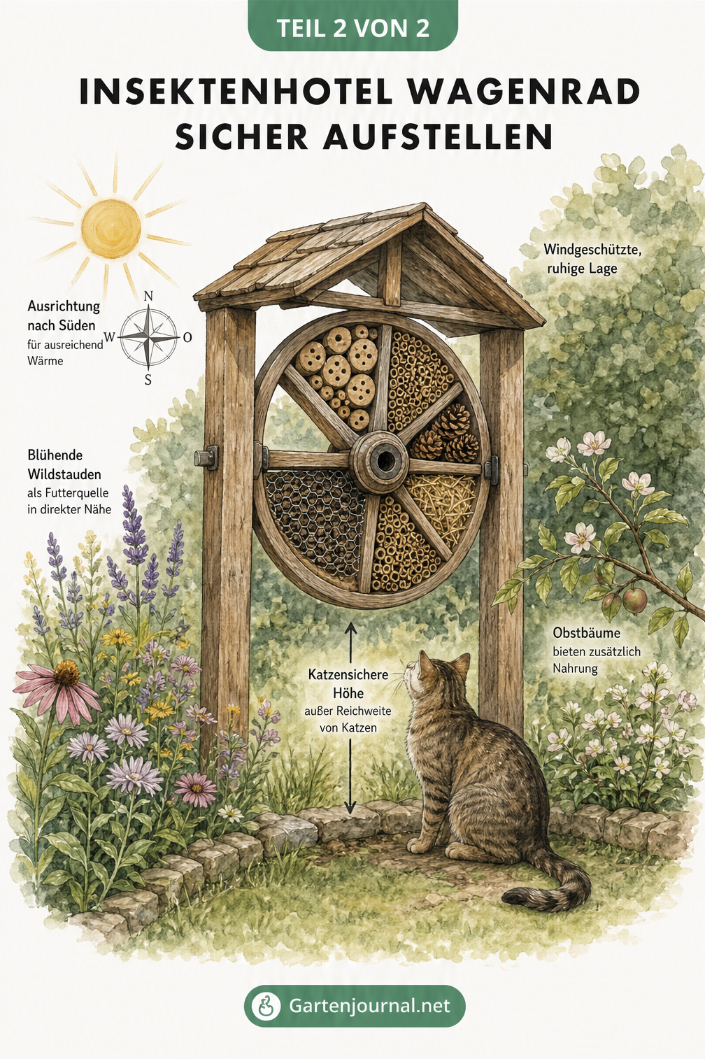 Zeichnung eines Insektenhotels aus einem Wagenrad, das sicher zwischen zwei Holzpfosten mit Regendach in einem Garten aufgestellt ist