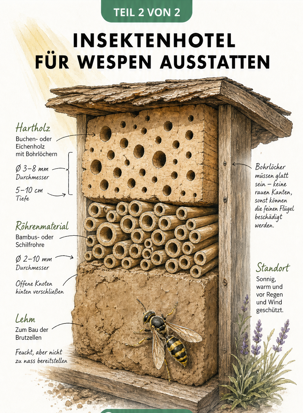 Makroskopische Schnittdarstellung eines Insektenhotels mit Buchenholz, Bambusrohren und Lehm für Wespen