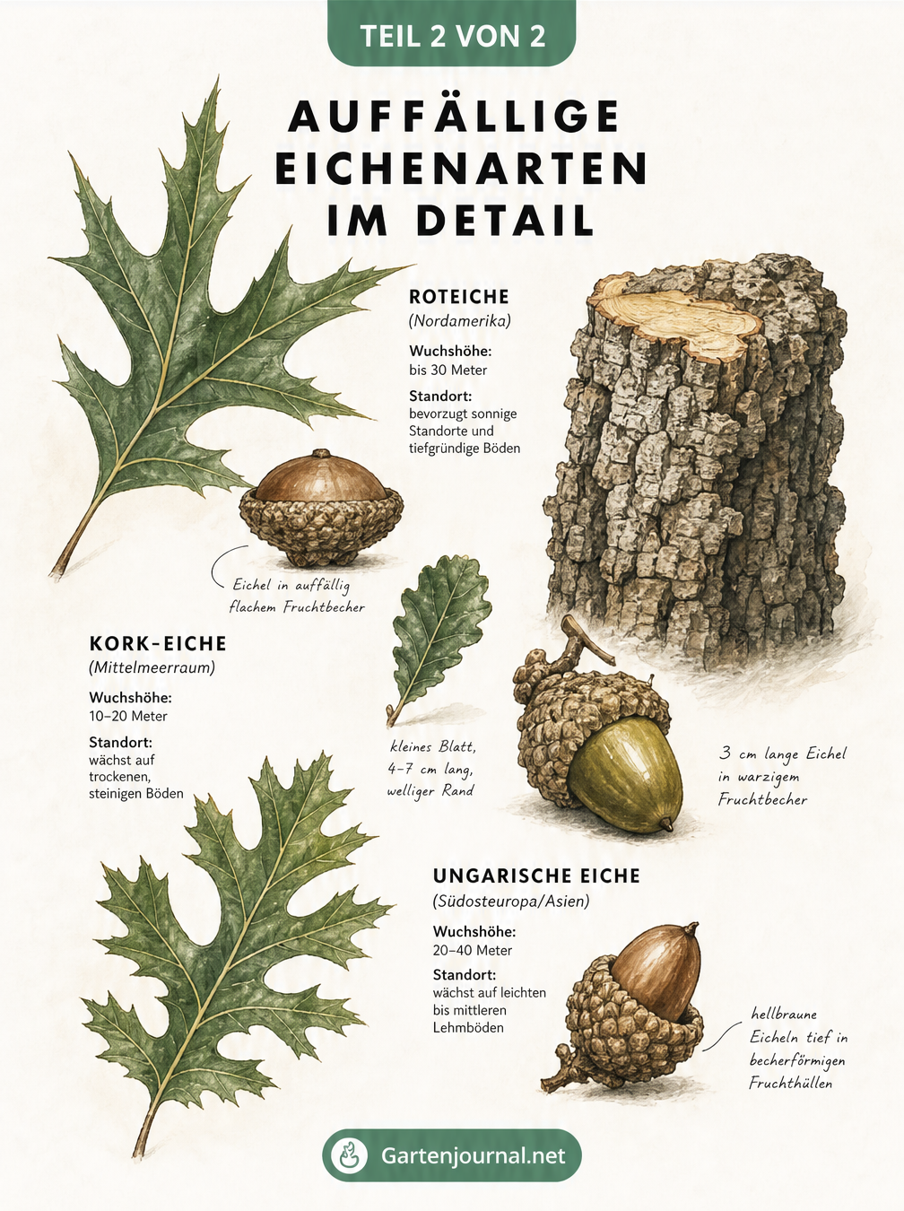 Illustration auffälliger internationaler Eichenarten wie Roteiche, Kork-Eiche und Ungarische Eiche mit Blättern und Rinde