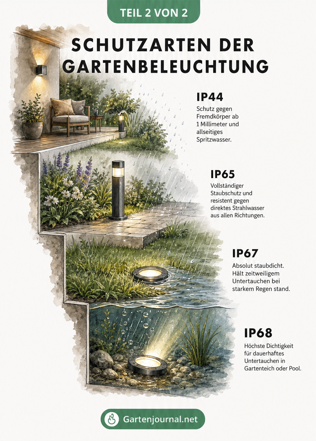Illustration der IP-Schutzklassen für Gartenbeleuchtung von IP44 für überdachte Terrassen bis IP68 für Unterwasserleuchten