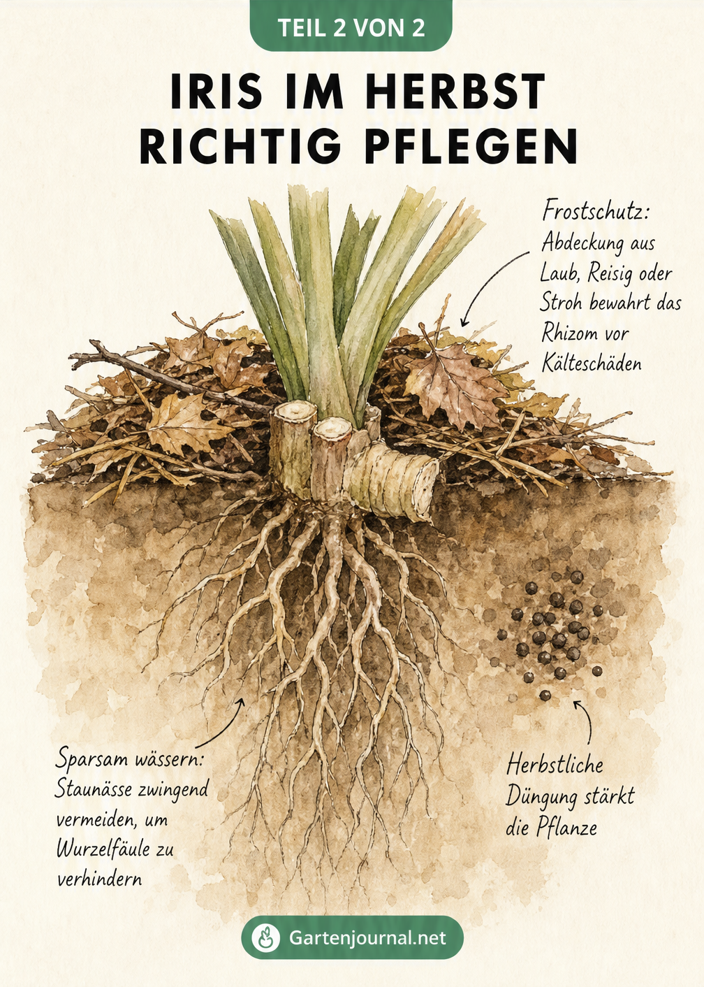 Querschnitt durch ein Gartenbeet mit Iris-Rhizom, schützender Laubschicht, Wurzeln und Hinweisen zu Frostschutz, Bewässerung und Düngung