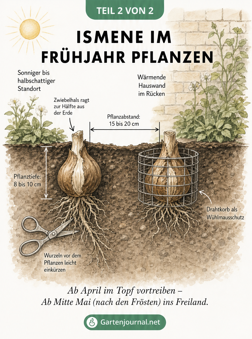Querschnitt eines Beets, der zeigt, wie Ismene-Zwiebeln im Frühjahr gepflanzt werden: Pflanztiefe, Abstand und Wühlmausschutz.