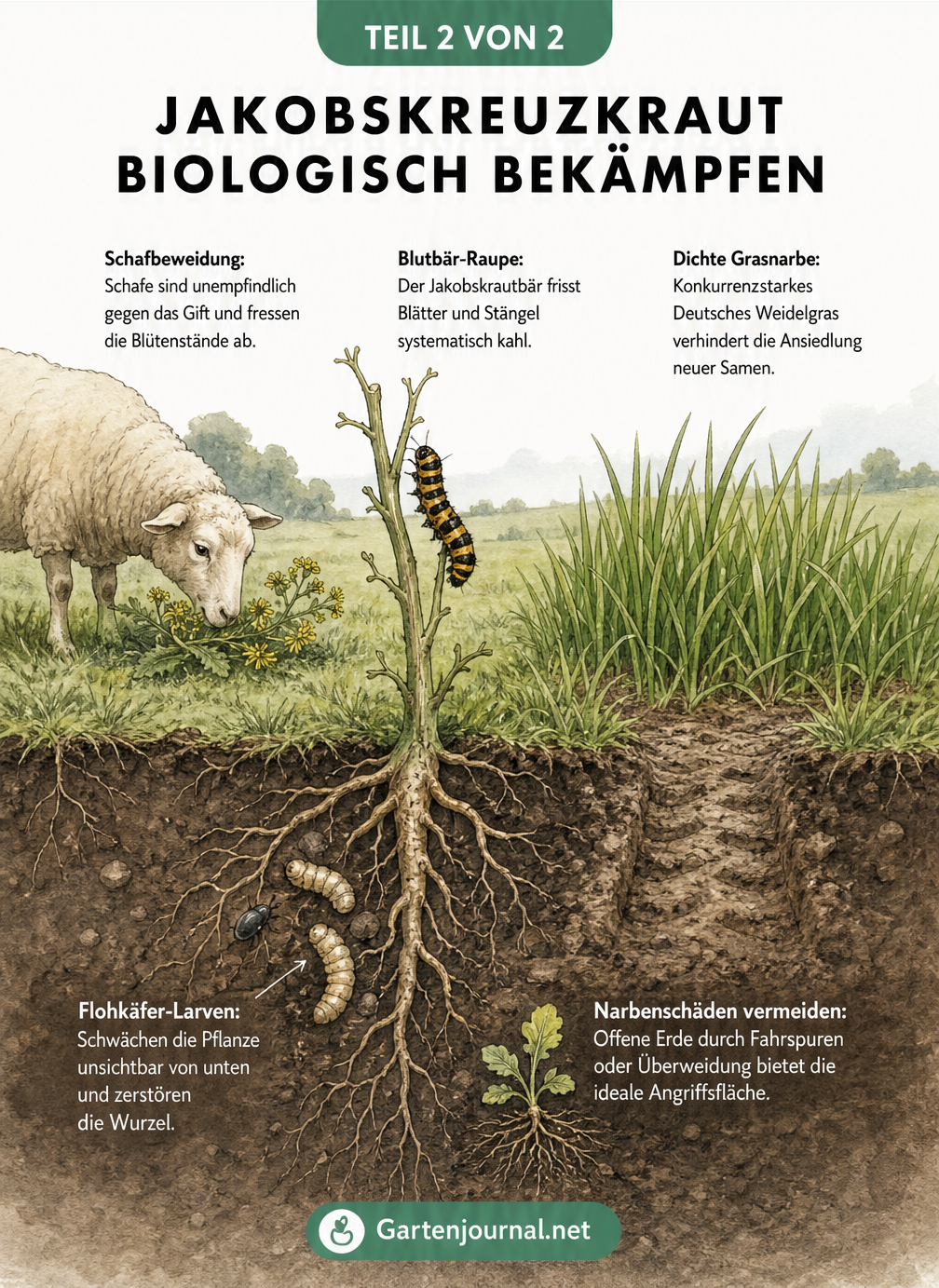 Querschnitt einer Weidelandschaft mit Schafen, Blutbär-Raupen, Flohkäfer-Larven und dichtem Gras zur biologischen Bekämpfung von Jakobskreuzkraut