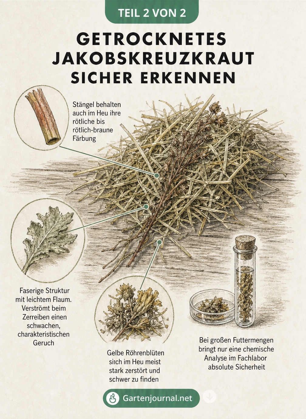 Aquarell-Illustration von Heu mit einem hervorgehobenen Strang Jakobskreuzkraut und botanischen Detailzeichnungen von Stängel, Blatt und Blüte.