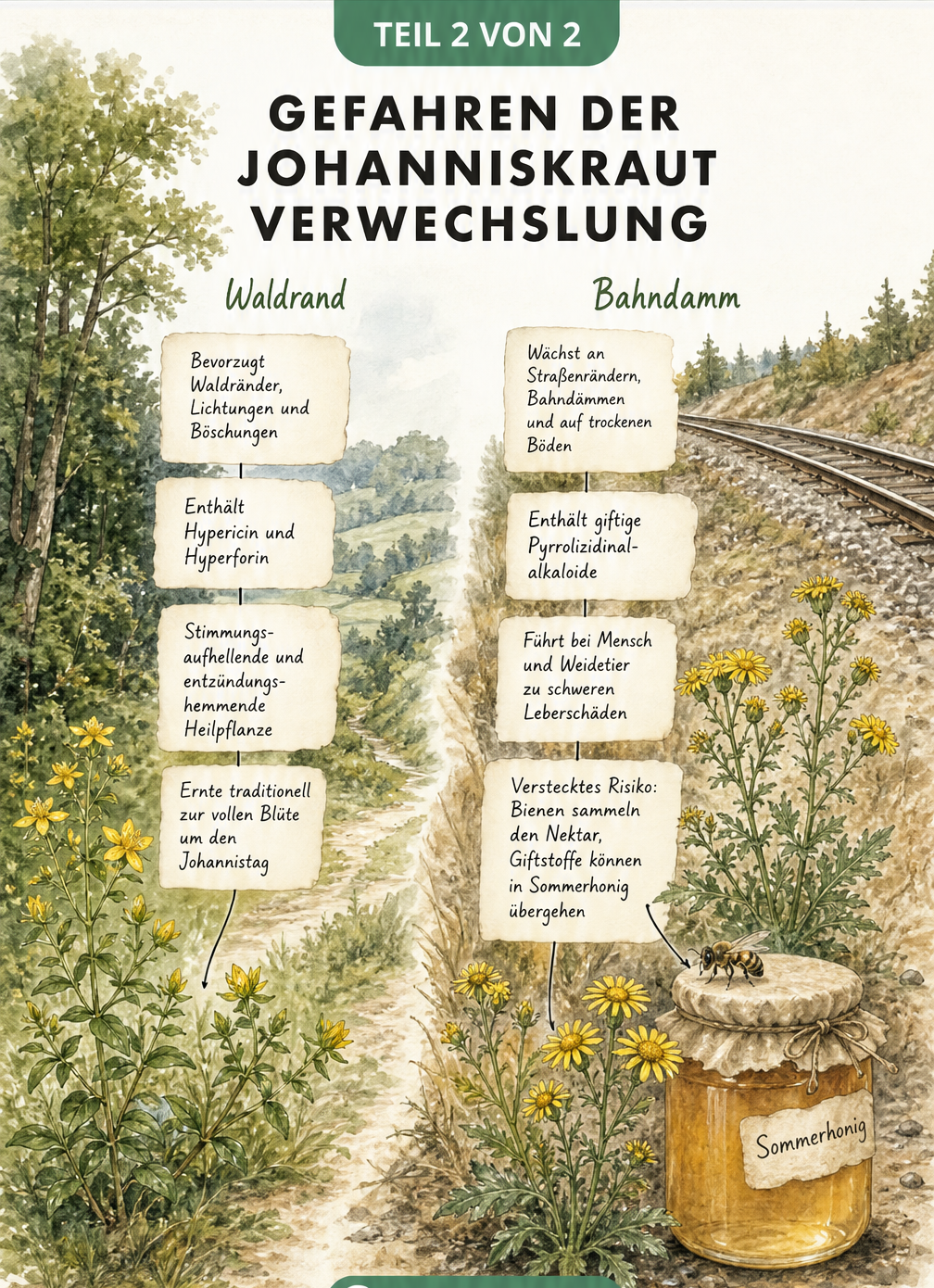 Vergleich der Lebensräume von Johanniskraut am Waldrand und Jakobskreuzkraut am Bahndamm mit Hinweis auf giftigen Honig