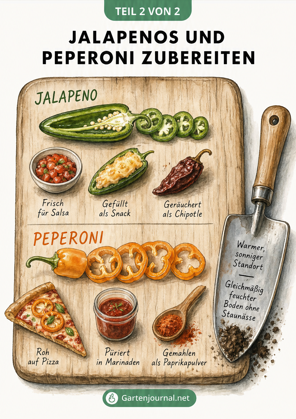 Illustration eines Holzschneidebretts mit Zubereitungsarten für Jalapenos und Peperoni