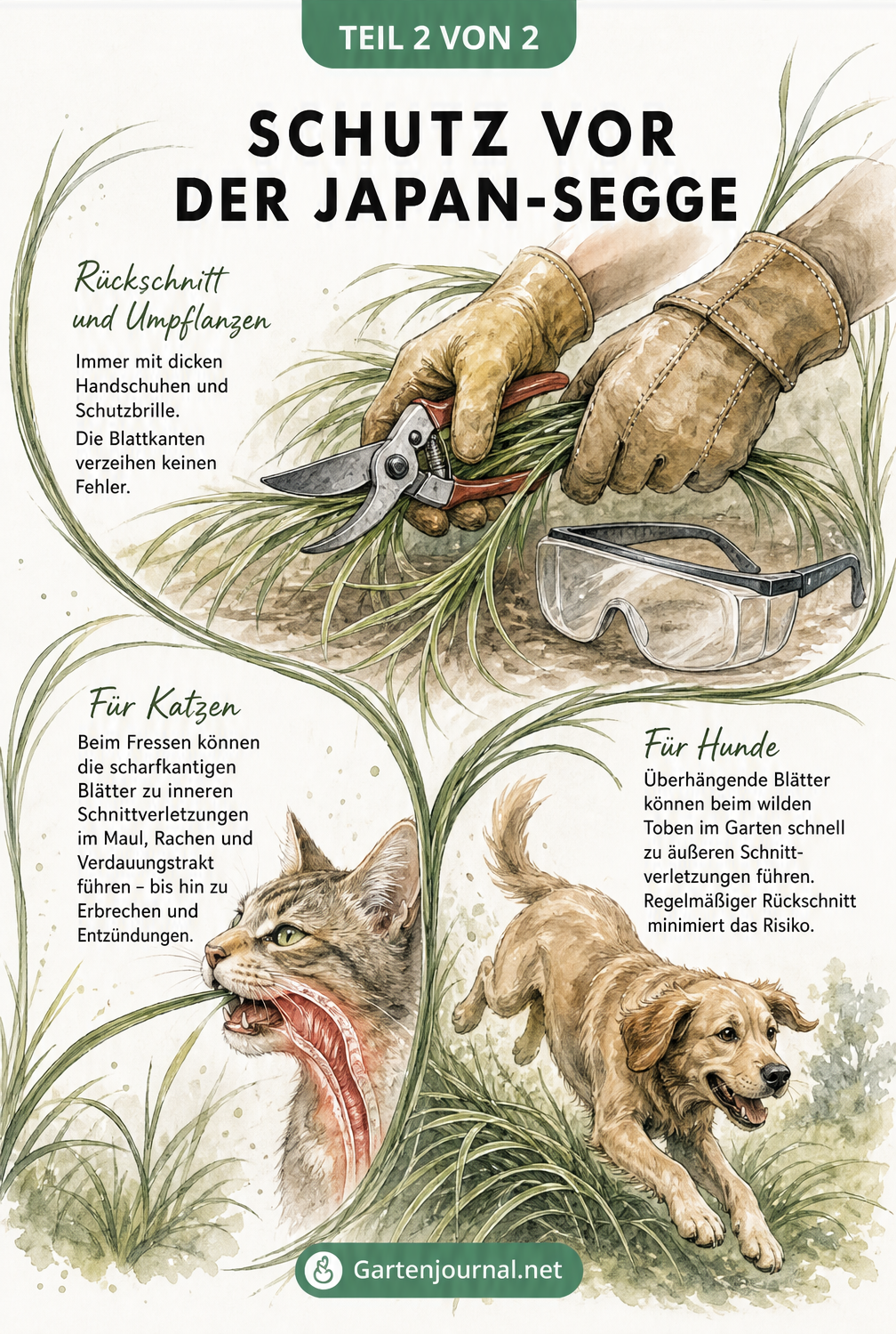 Aquarell-Grafik zeigt Schutzmaßnahmen bei der Japan-Segge: Handschuhe, Schutzbrille sowie Gefahren für Katzen und Hunde