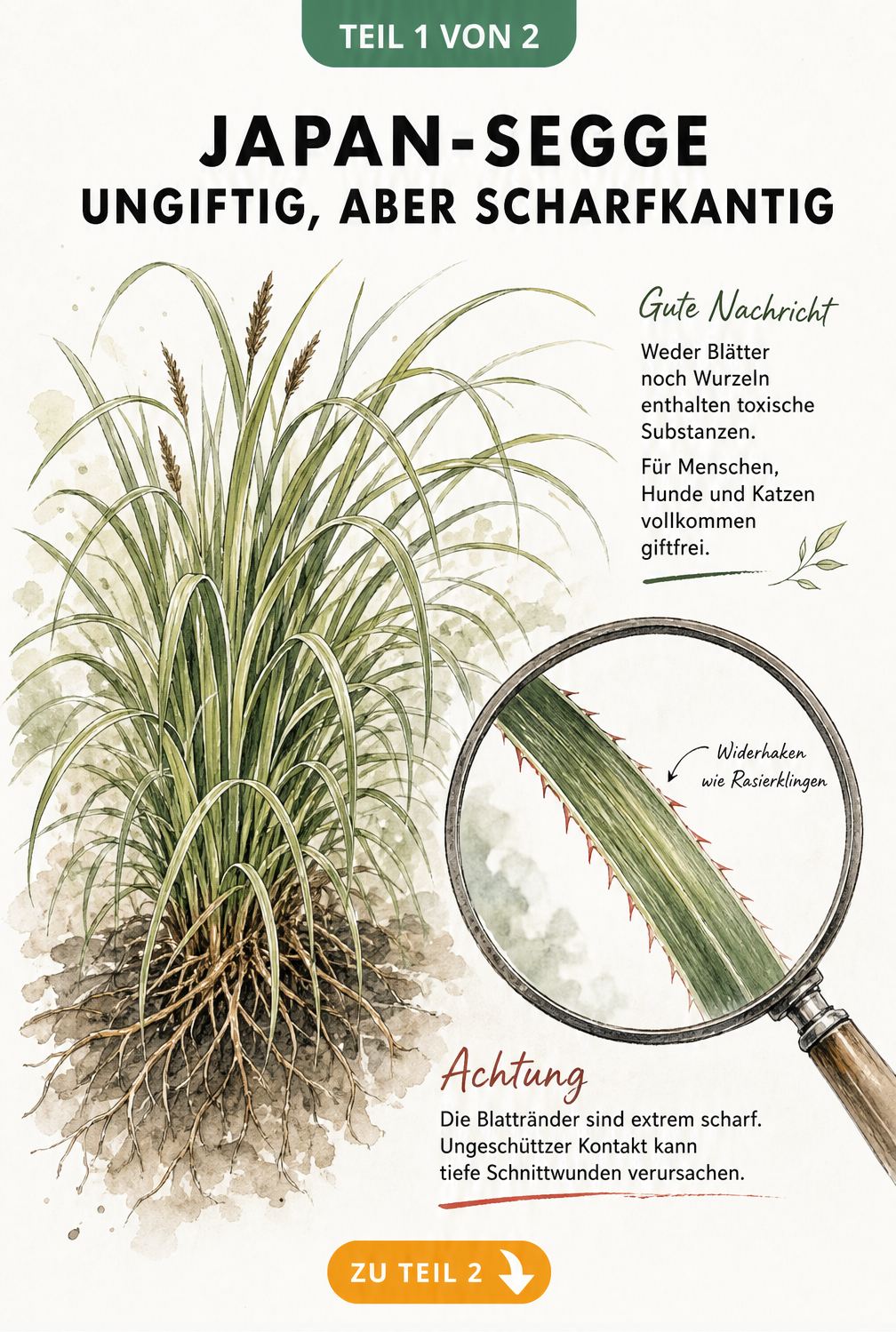 Botanische Illustration der Japan-Segge mit Lupen-Effekt auf die scharfen Blattkanten und Hinweis zur Ungiftigkeit