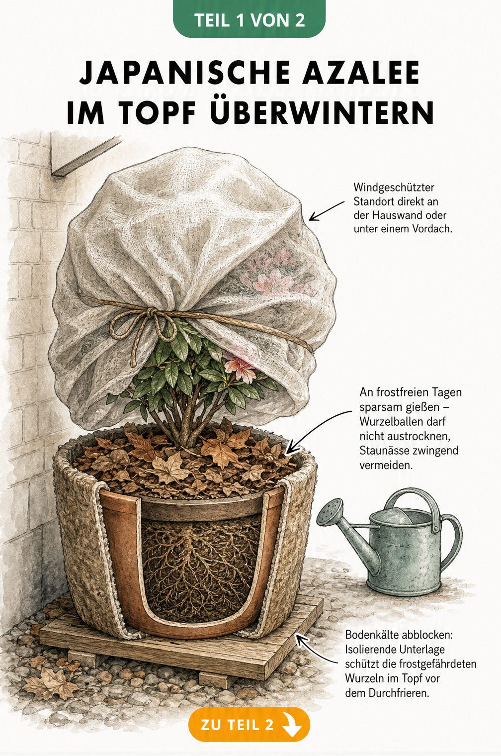 Illustration zum Winterschutz einer Japanischen Azalee im Topf mit Vlies, Laub und isolierender Unterlage