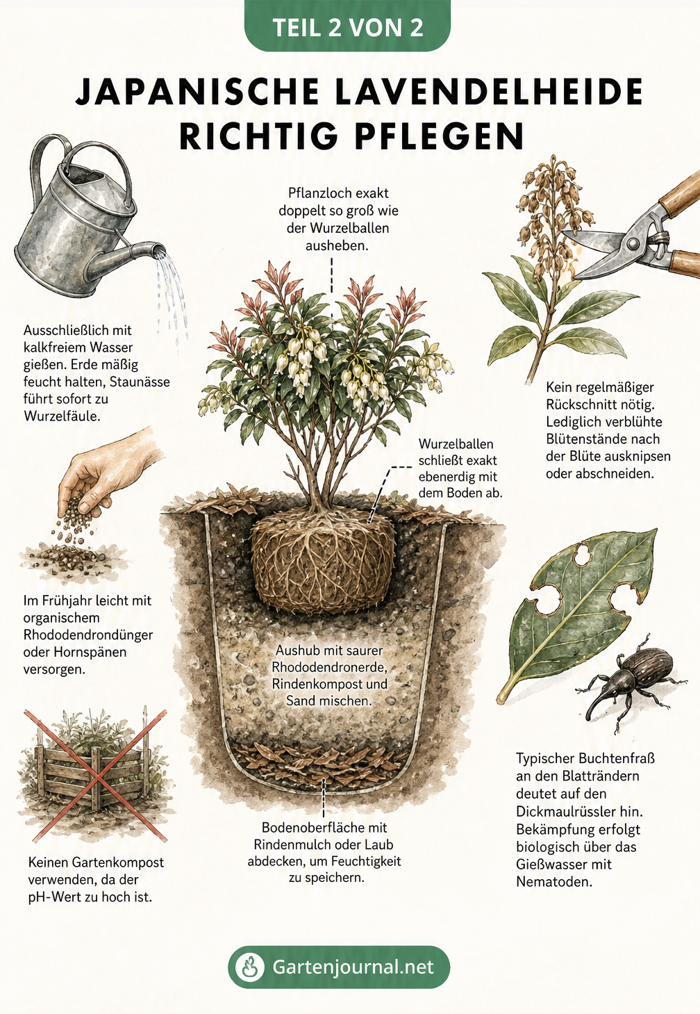 Illustration zur Pflege der Japanischen Lavendelheide mit Tipps zu Pflanzung, Gießen, Düngen, Schnitt und Schädlingen