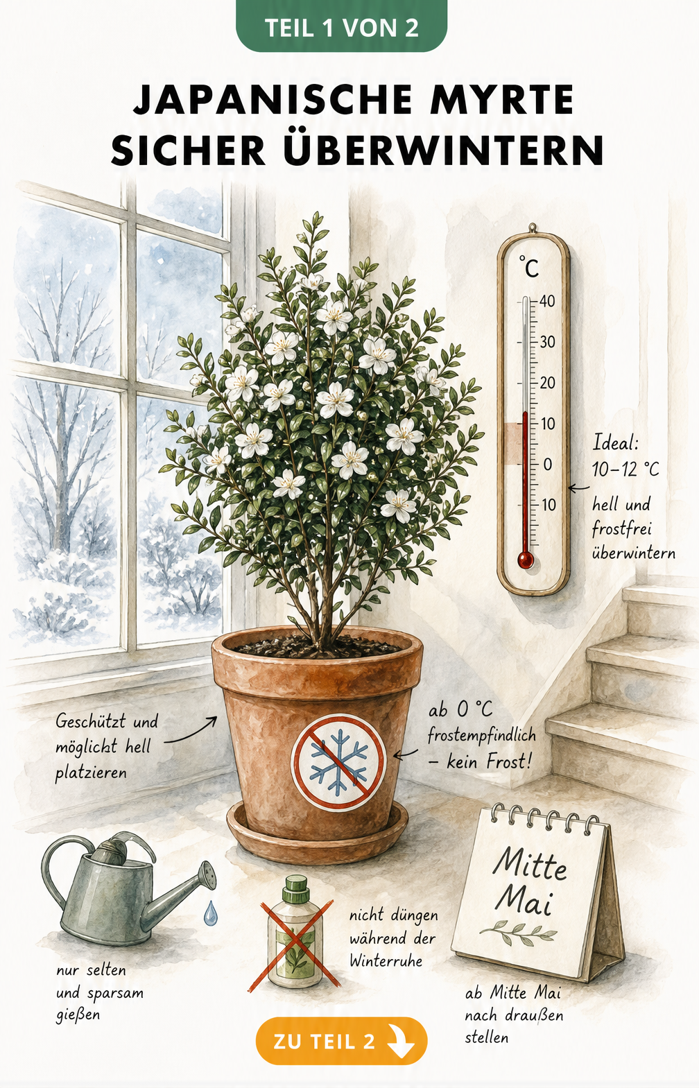Illustration einer Japanischen Myrte im Topf in einem kühlen Treppenhaus mit Thermometer bei 10 bis 12 Grad