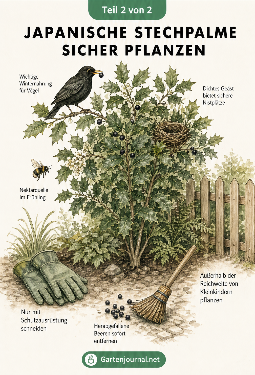 Illustration einer Japanischen Stechpalme im Garten mit Vögeln, Bienen und Hinweisen zum sicheren Pflanzen und Schneiden.