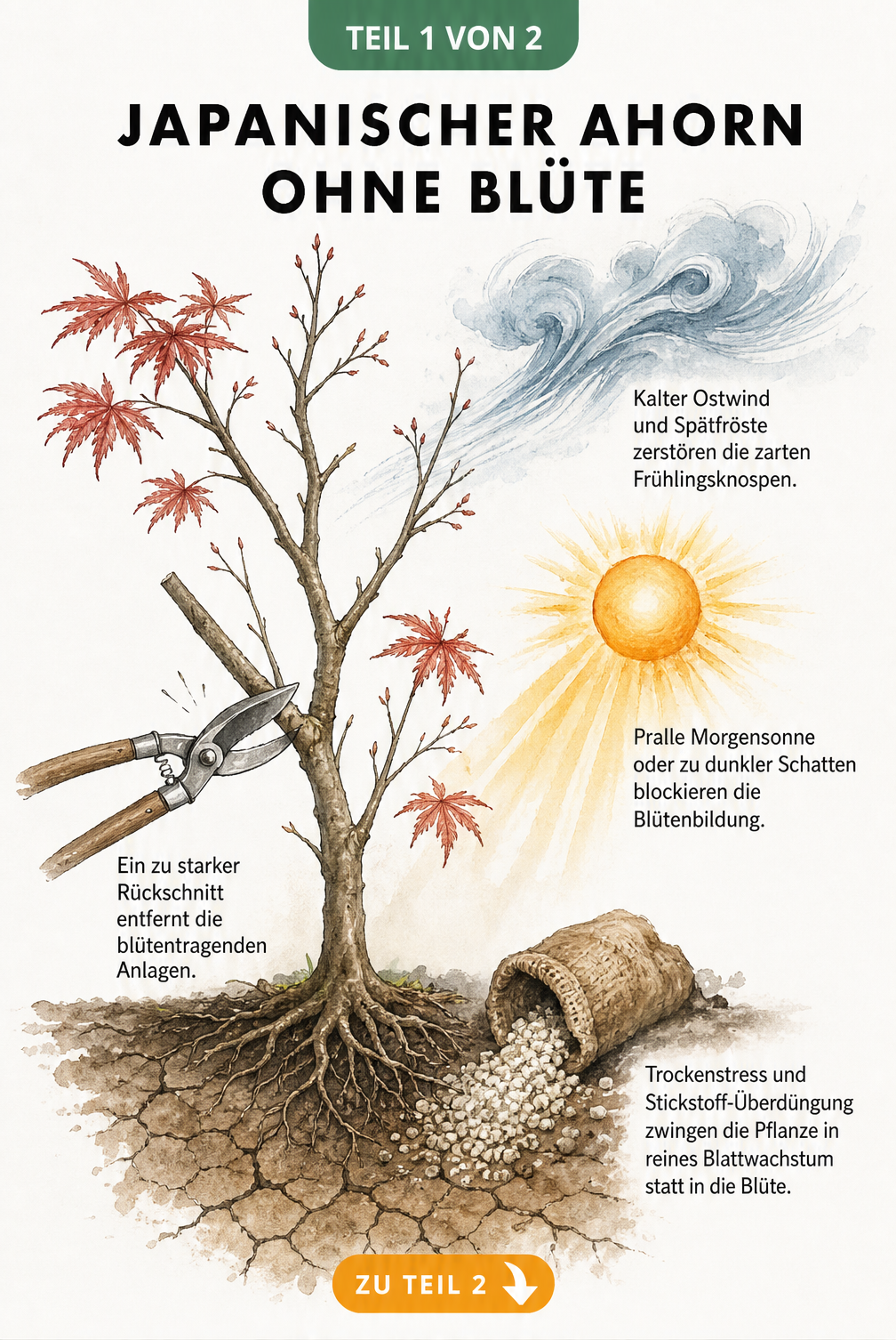 Illustration eines Japanischen Ahorns mit Wurzelballen, die Ursachen für fehlende Blüten wie Frost, Sonne, Rückschnitt und Dünger zeigt
