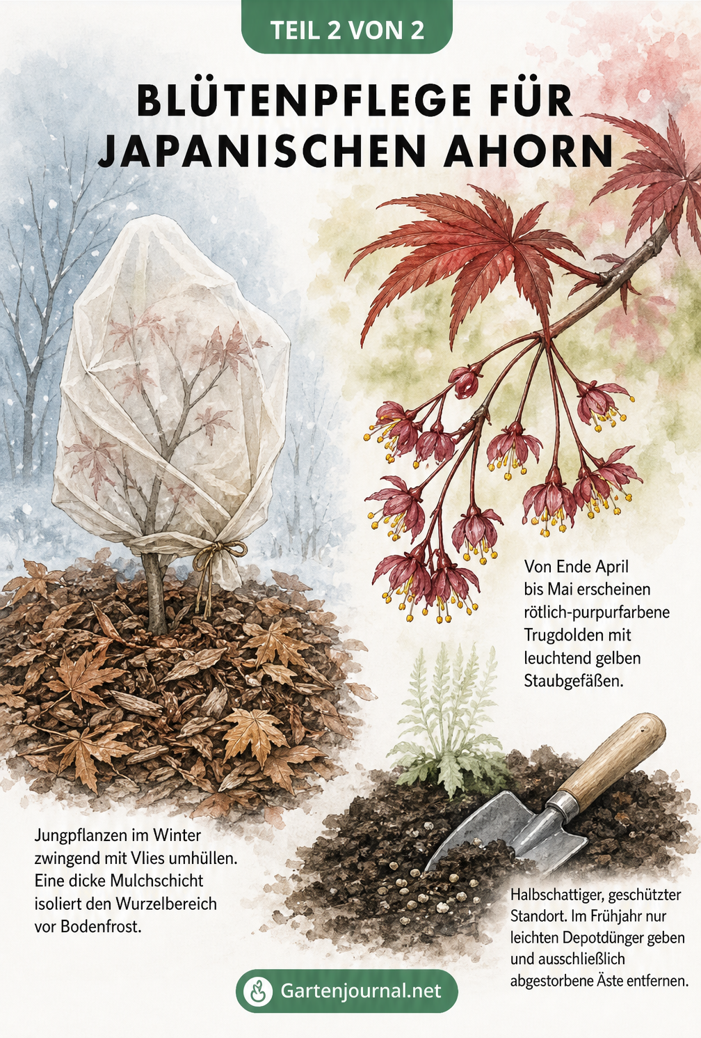 Aquarell-Zeichnung eines Japanischen Ahorns im Winter mit Vlies und Mulch sowie eines blühenden Zweigs im Frühling