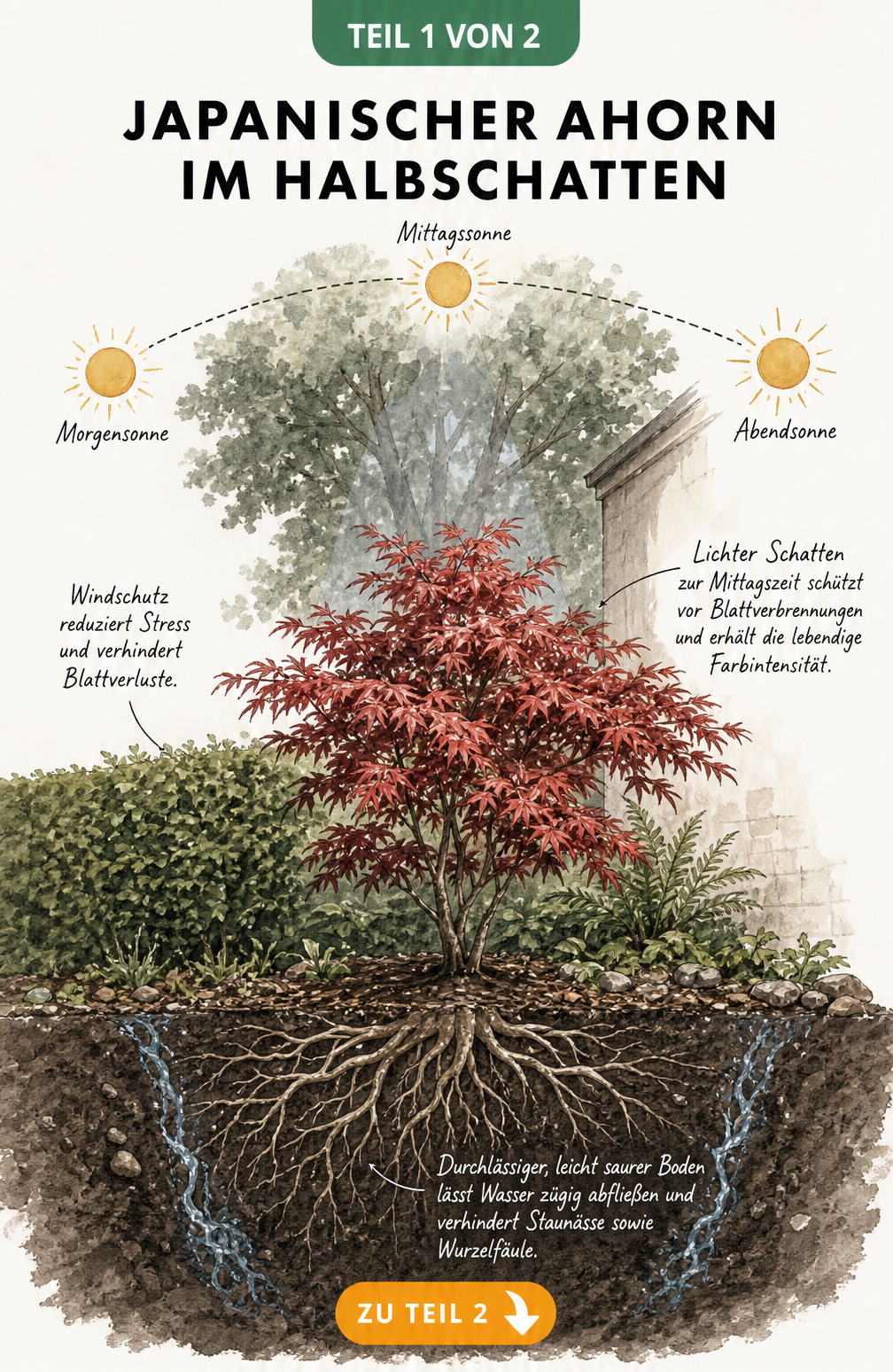 Illustration eines Japanischen Ahorns im Halbschatten mit Sonnenbahn, Windschutz und durchlässigem Boden