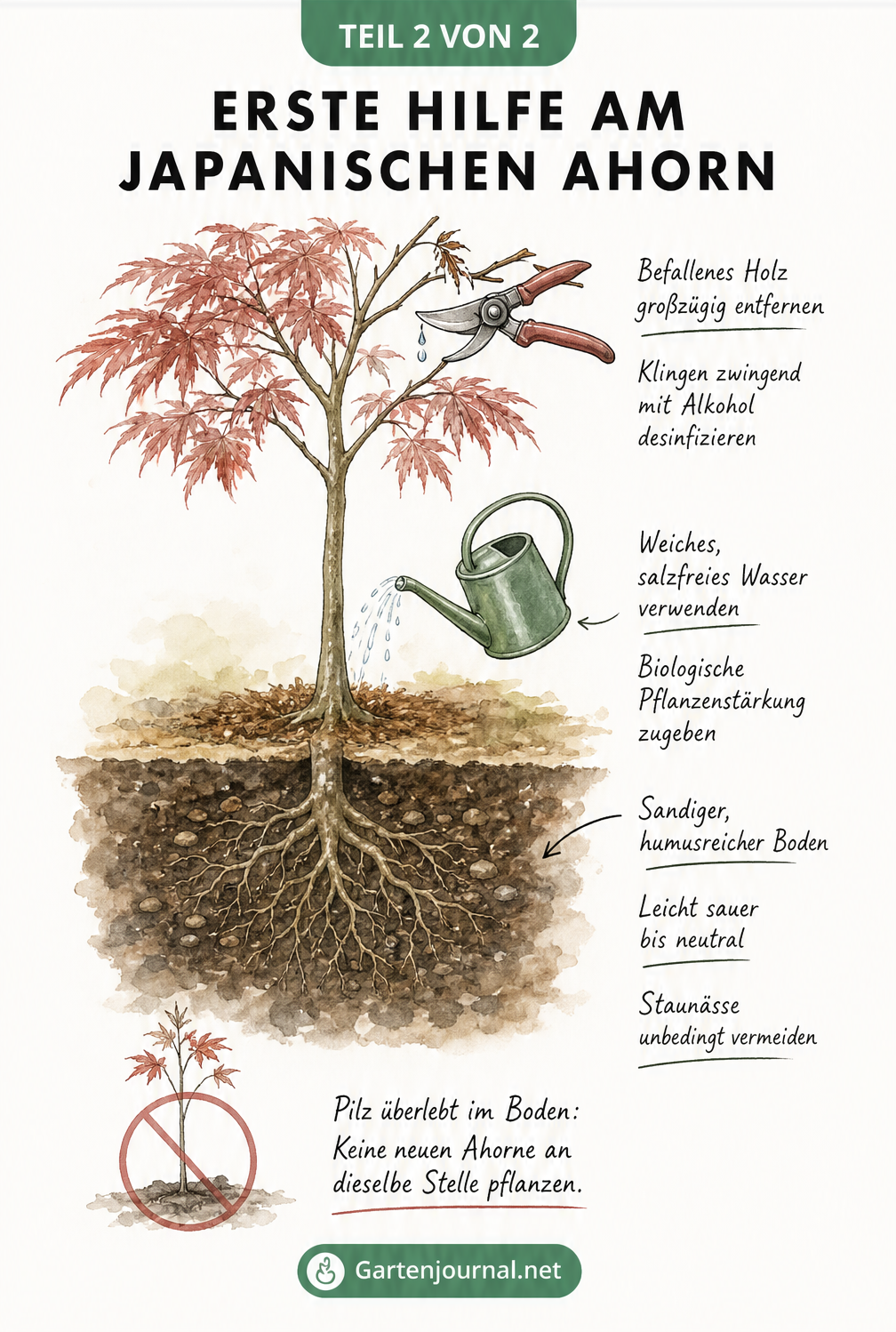 Illustration eines jungen Japanischen Ahorns mit Tipps zur Ersten Hilfe: Befallenes Holz entfernen, weiches Wasser verwenden und Staunässe vermeiden.