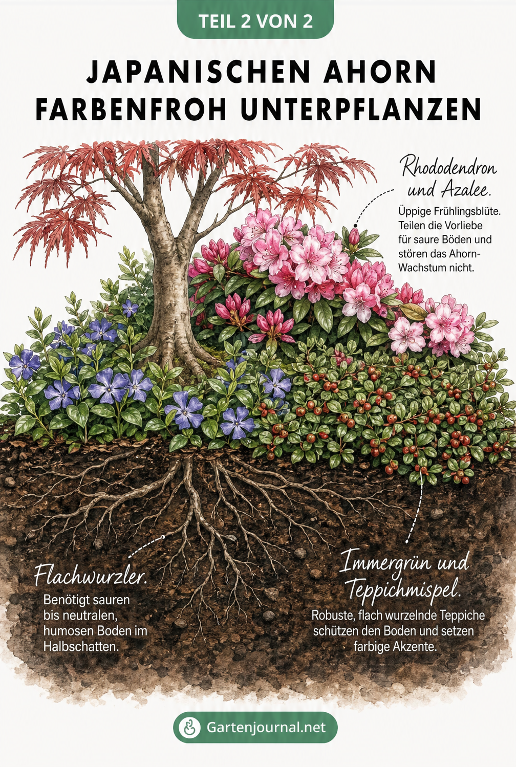 Querschnitt des Gartenbodens unter einem Japanischen Ahorn mit flachen Wurzeln, Rhododendron, Immergrün und Teppichmispel