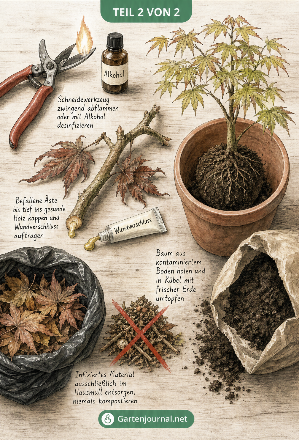 Illustration eines Gärtnertisches mit desinfizierter Gartenschere, Wundverschlussmittel auf einem Ahornast, Entsorgung kranker Blätter im Hausmüll und Umtopfen...