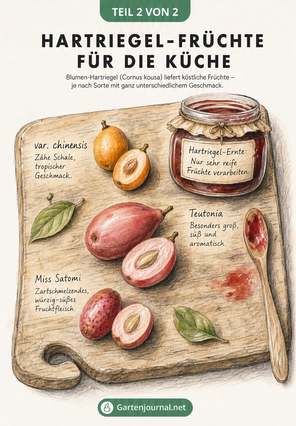 Illustration eines Holz-Schneidebretts mit aufgeschnittenen Früchten des Japanischen Blumen-Hartriegels und einem Einmachglas