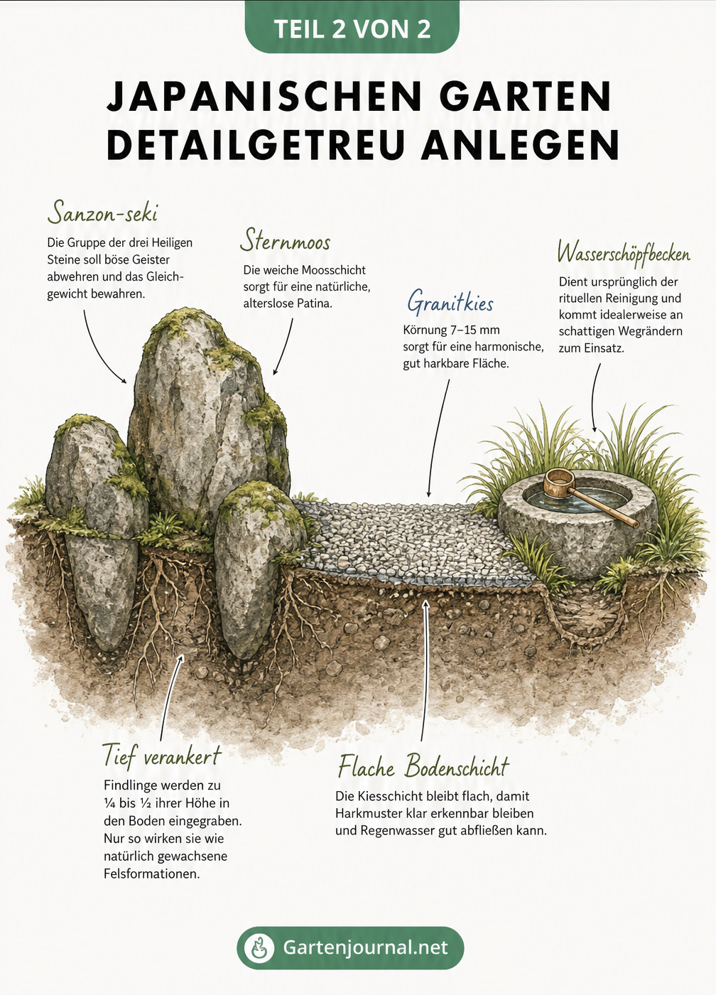 Querschnitt durch den Gartenboden mit Natursteinen, Kiesfläche und Wasserschöpfbecken