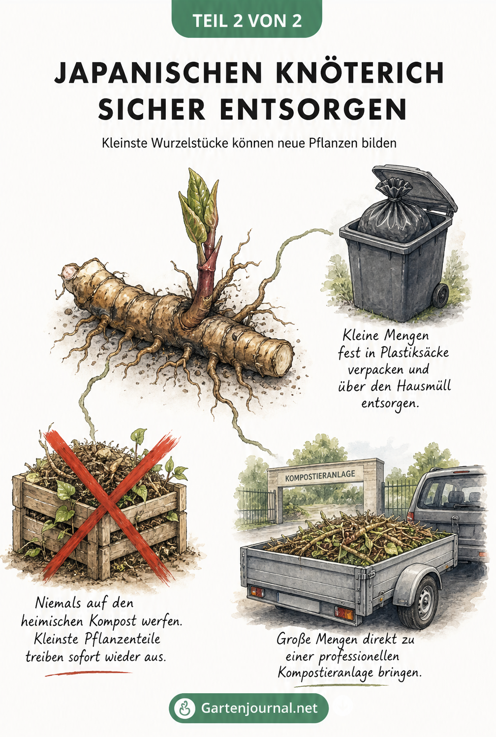 Illustration eines austreibenden Knöterich-Rhizoms mit drei Entsorgungswegen: nicht auf den Kompost, kleine Mengen in den Restmüll, große Mengen zur...