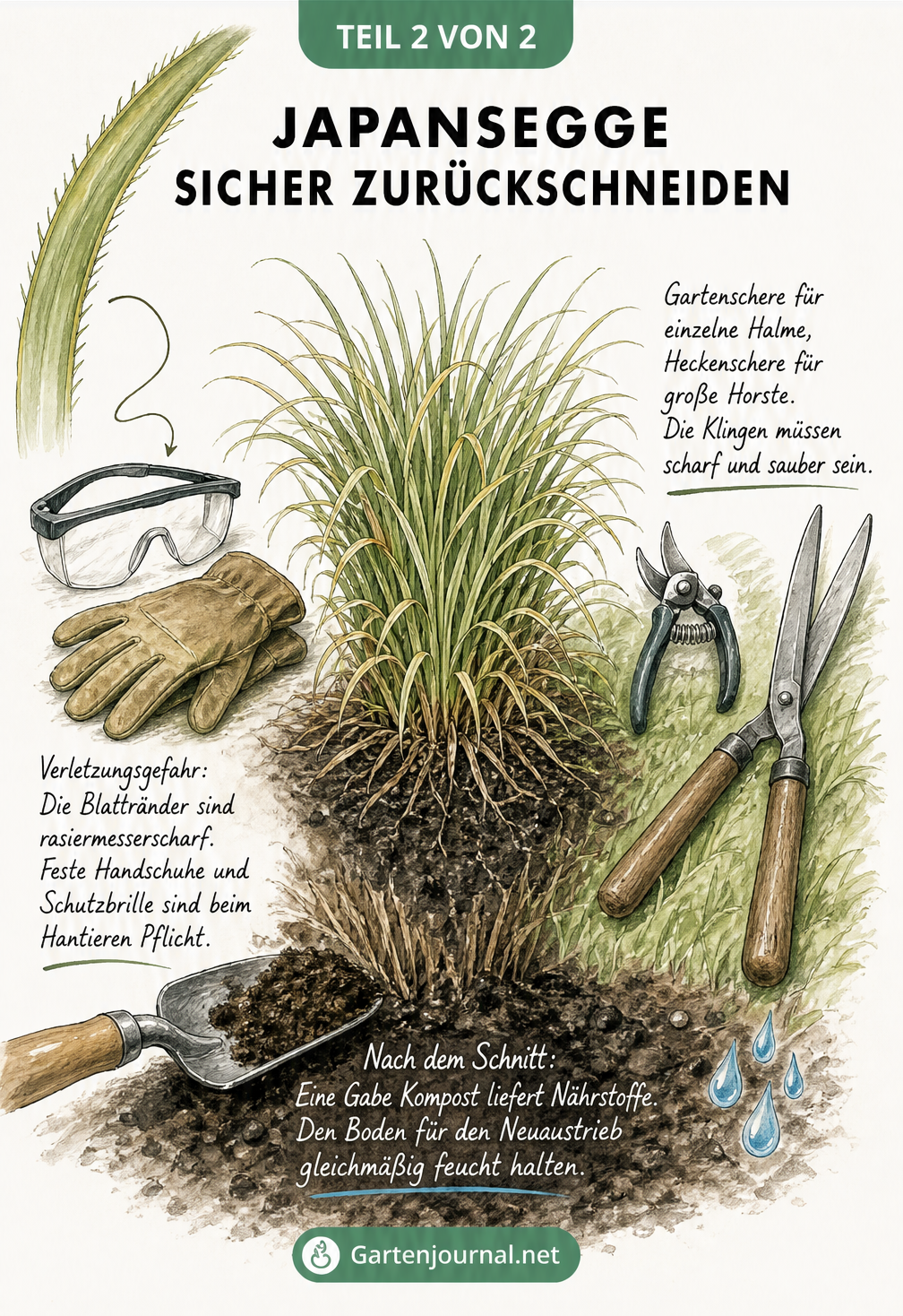Skizze einer Japansegge mit vergrößertem, scharfem Grashalm, Schutzhandschuhen, Gartenschere, Heckenschere und Kompostgabe an der Wurzel.
