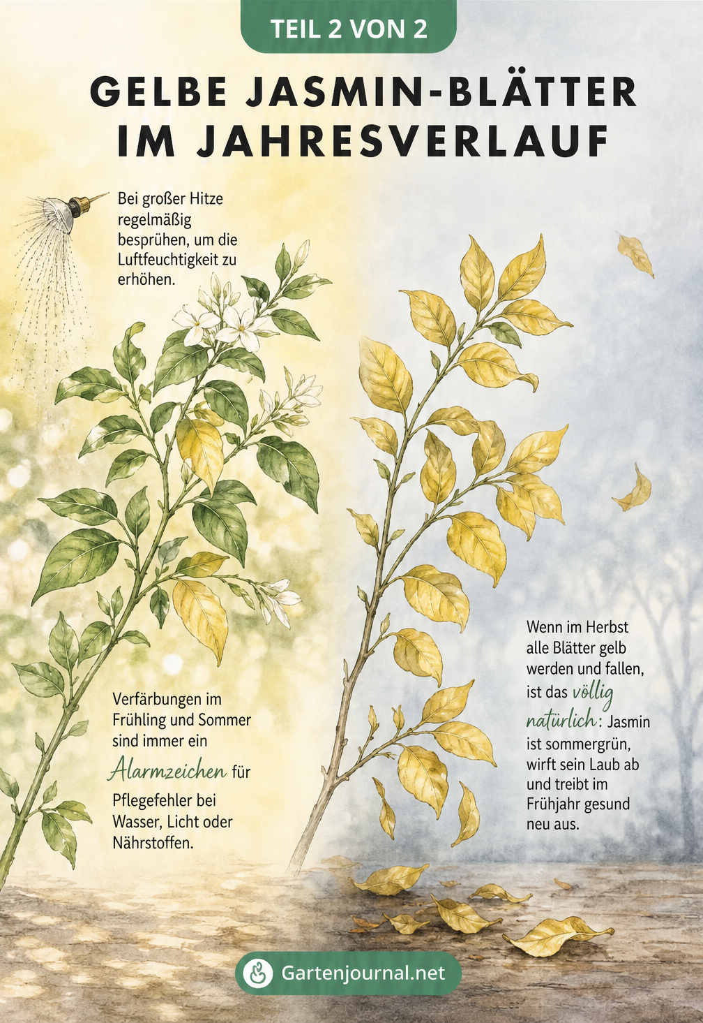 Illustration eines Jasminzweigs im Sommer mit grünen Blättern und im Herbst mit gelben, abfallenden Blättern.
