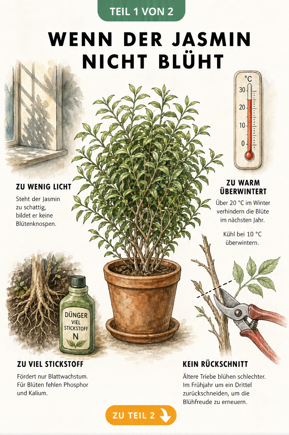 Botanische Illustration eines blütenlosen Jasmins im Terrakottatopfe mit Hinweisen zu Licht, Temperatur, Dünger und Schnitt