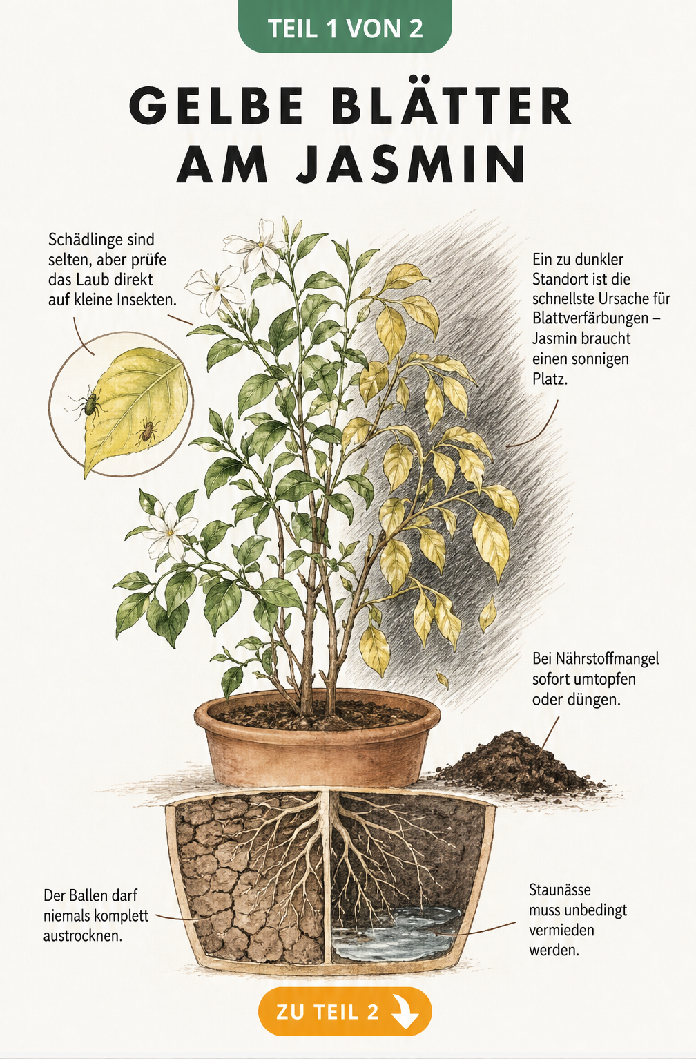 Botanische Illustration einer Jasminpflanze im Topf mit grünen und gelben Blättern, die Ursachen wie Trockenheit, Staunässe und Nährstoffmangel zeigt.