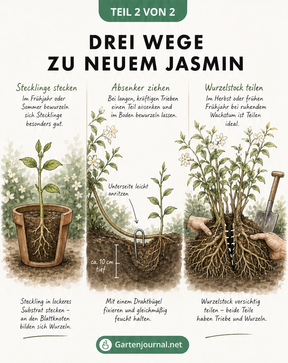 Illustration von drei Methoden zur Jasmin-Vermehrung: Steckling im Topf, Absenker im Boden und Wurzelteilung einer kräftigen Pflanze.