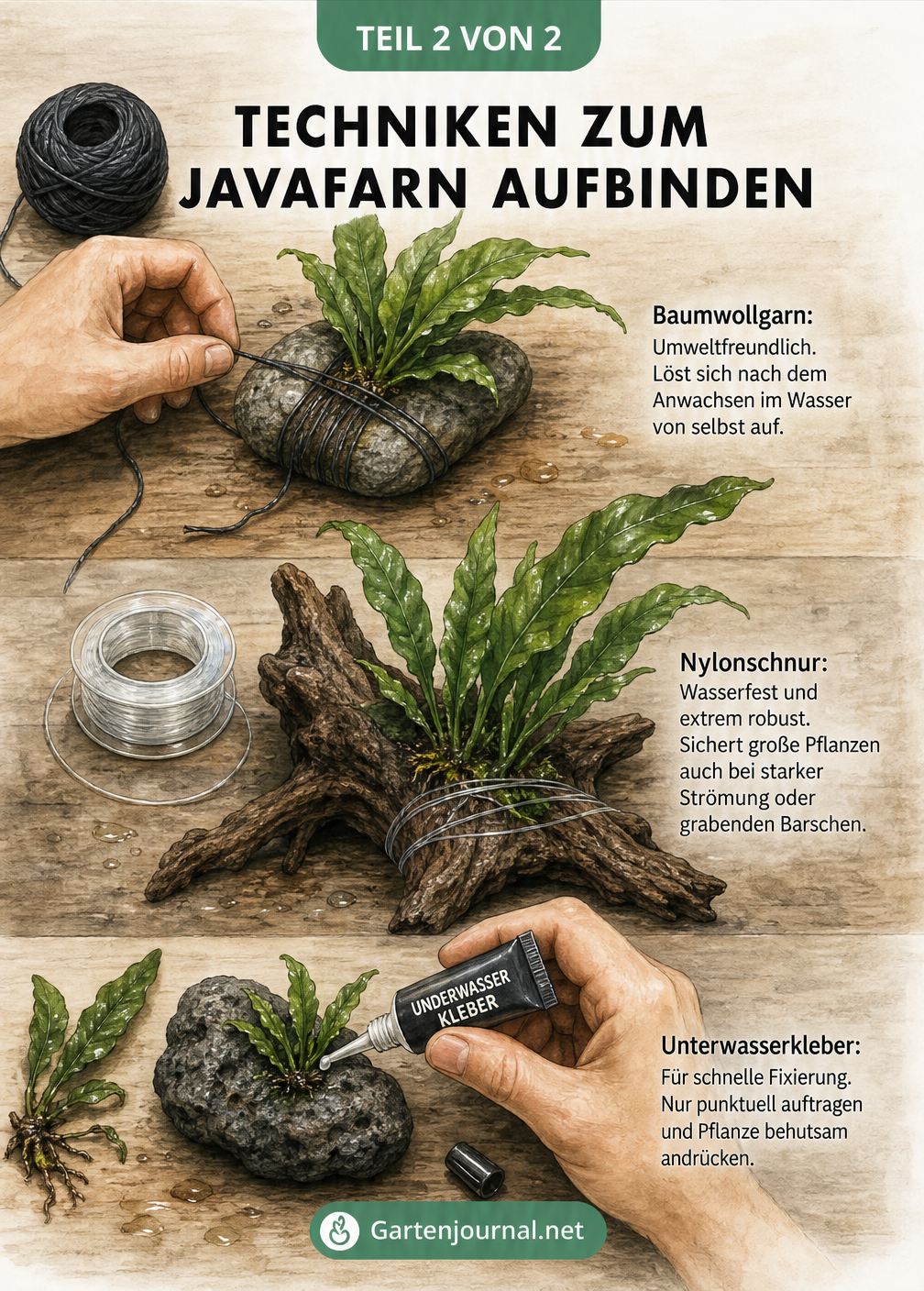 Aquascaping-Werkstatt mit Javafarn, Steinen, Wurzeln und Befestigungsmaterialien wie Baumwollgarn, Nylonschnur und Unterwasserkleber