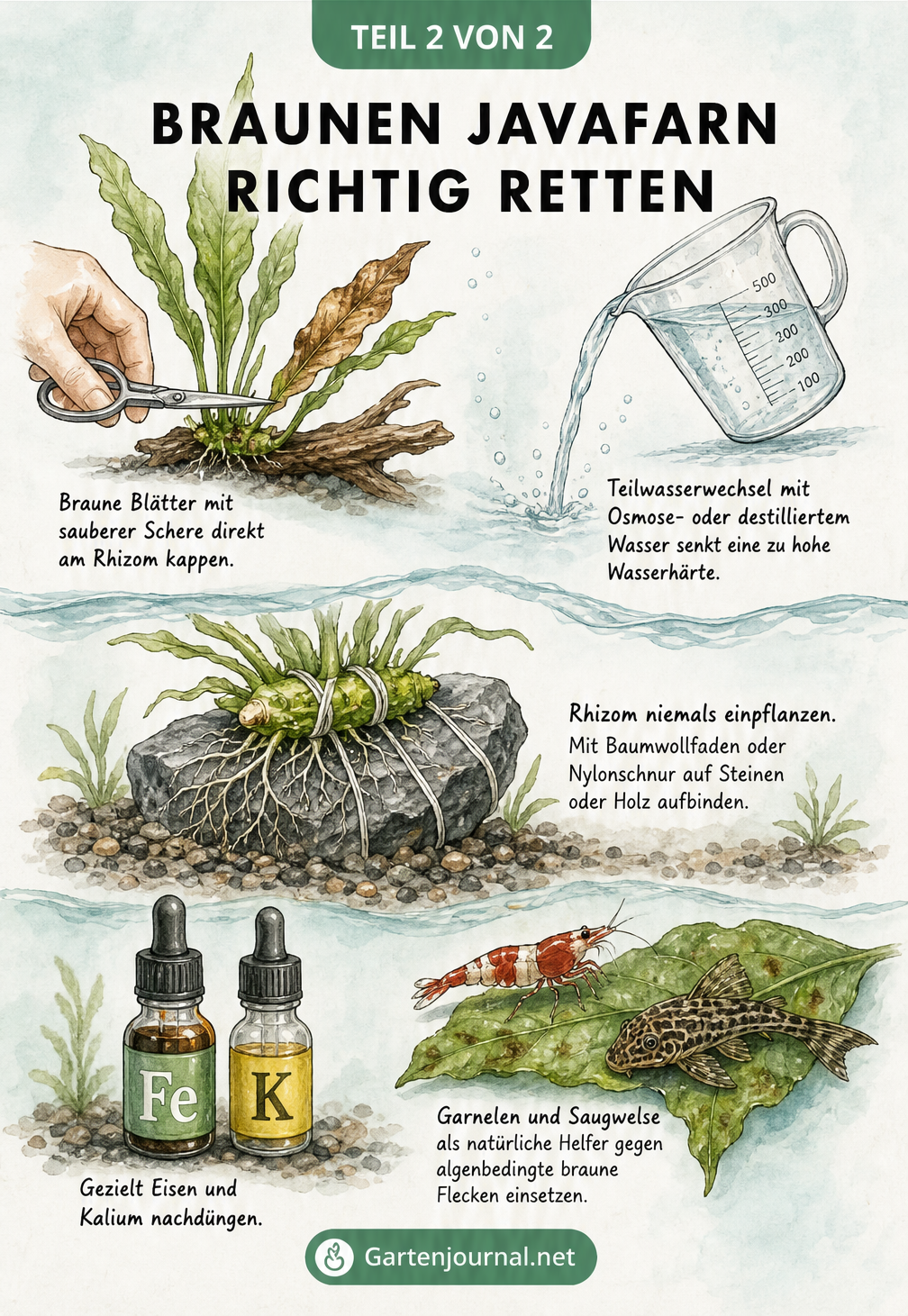 Skizze zur Rettung eines braunen Javafarns: Blätter am Rhizom abschneiden, Teilwasserwechsel durchführen, Rhizom aufbinden und Nährstoffe düngen.