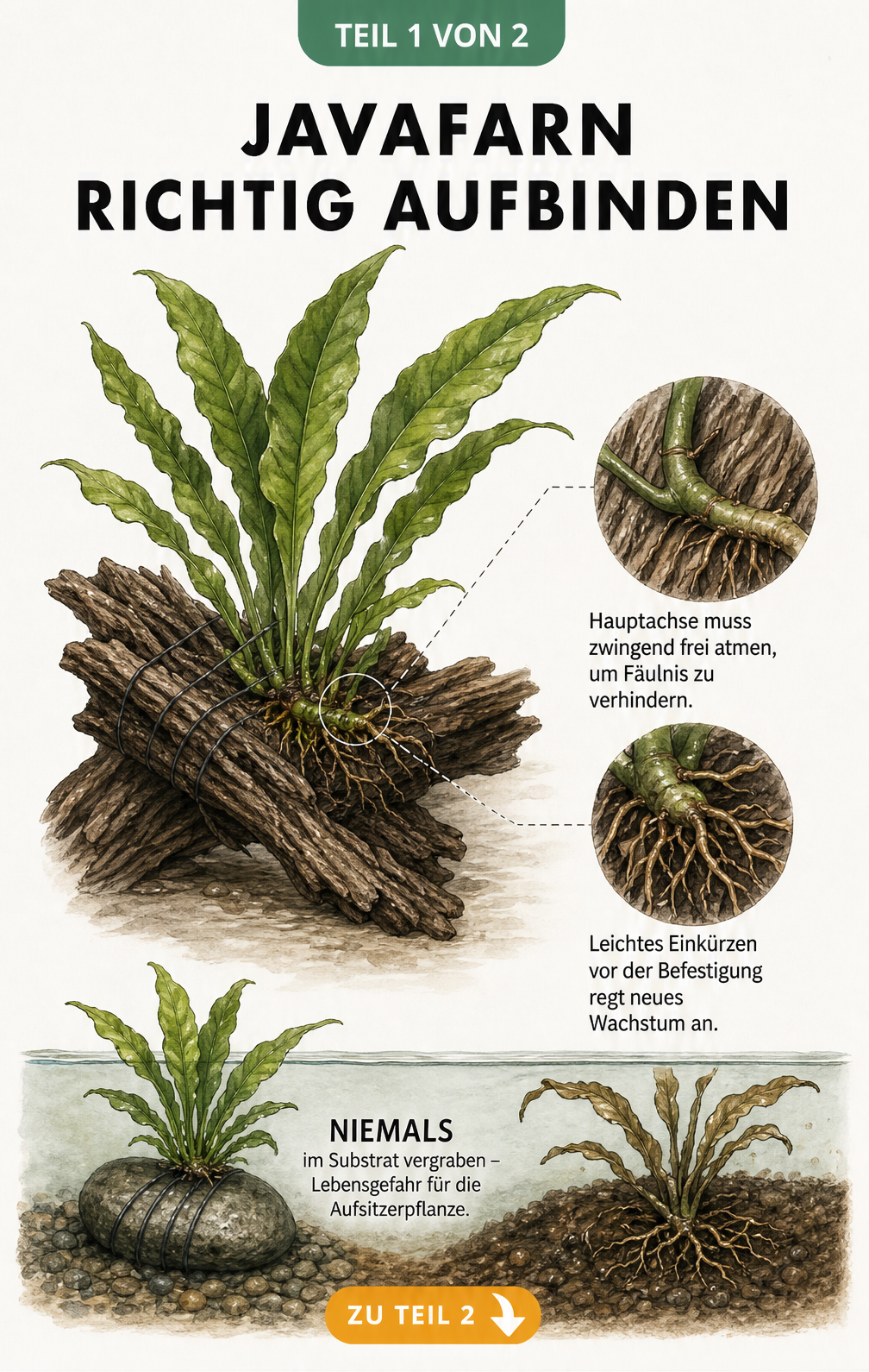 Botanische Illustration eines Javafarns auf Moorholz mit Fokus auf das Rhizom und Haftwurzeln