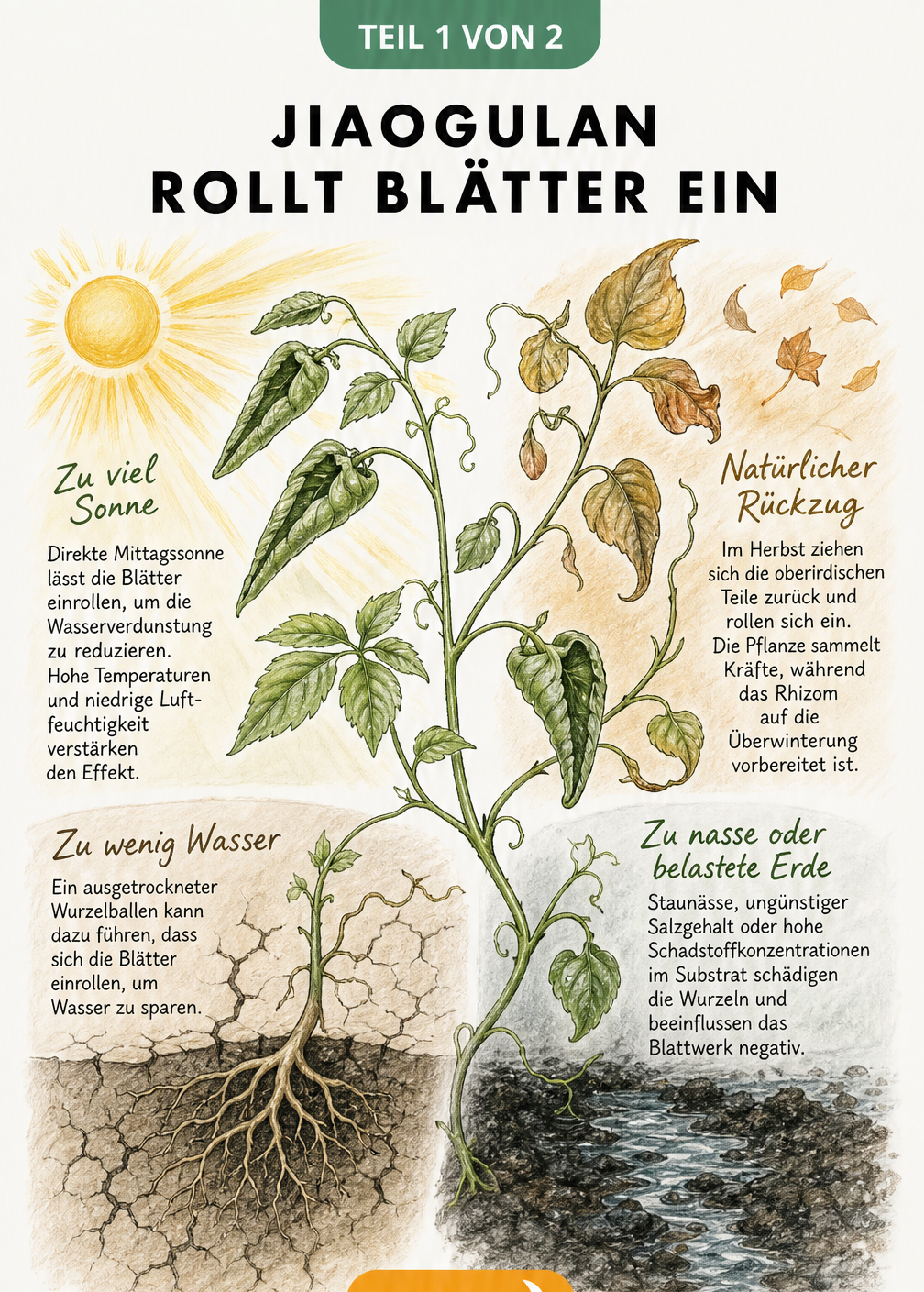Illustration eines Jiaogulan-Triebes mit eingerollten Blättern, die Ursachen wie Sonne, Trockenheit, Staunässe und Herbst zeigt.