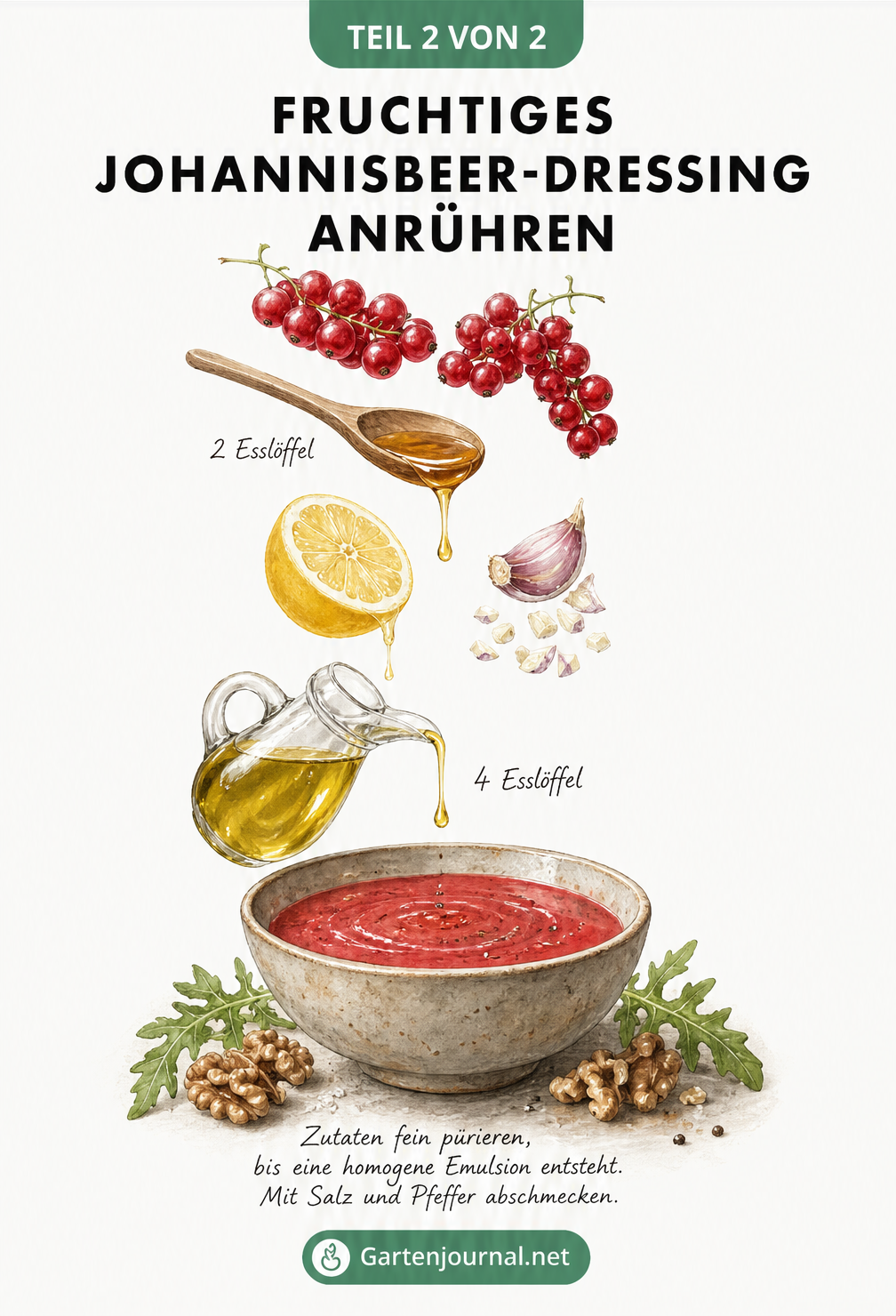 Aquarell-Illustration der Zutaten für ein Johannisbeer-Dressing: Johannisbeeren, Agavendicksaft, Zitrone, Knoblauch und Olivenöl fließen in eine Schale