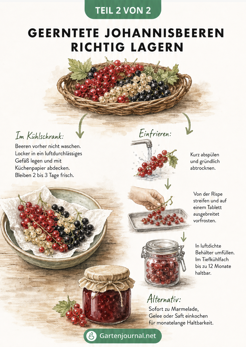 Illustration zur Lagerung von Johannisbeeren im Kühlschrank und zum Einfrieren in Vorratsgläsern