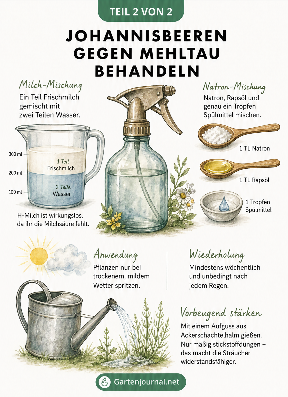 Illustration einer Sprühflasche mit Hausmitteln gegen Mehltau wie Milch, Natron und Rapsöl