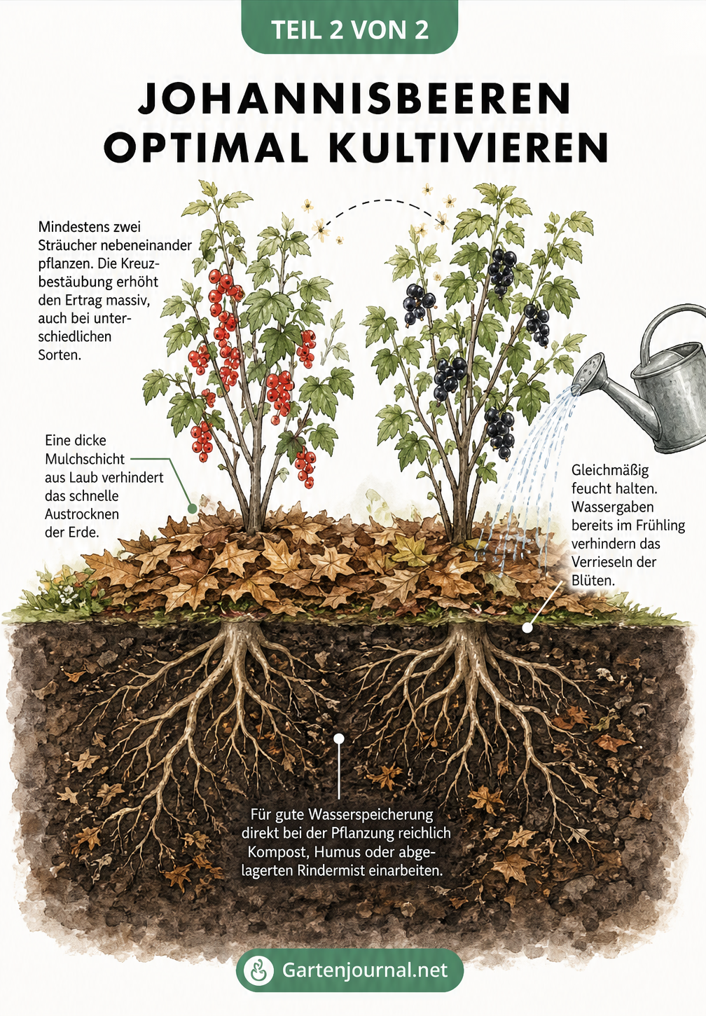 Querschnitt durch den Gartenboden mit zwei Johannisbeersträuchern, die sich gegenseitig bestäuben, sowie einer dicken Mulchschicht und tiefem Wurzelwerk.