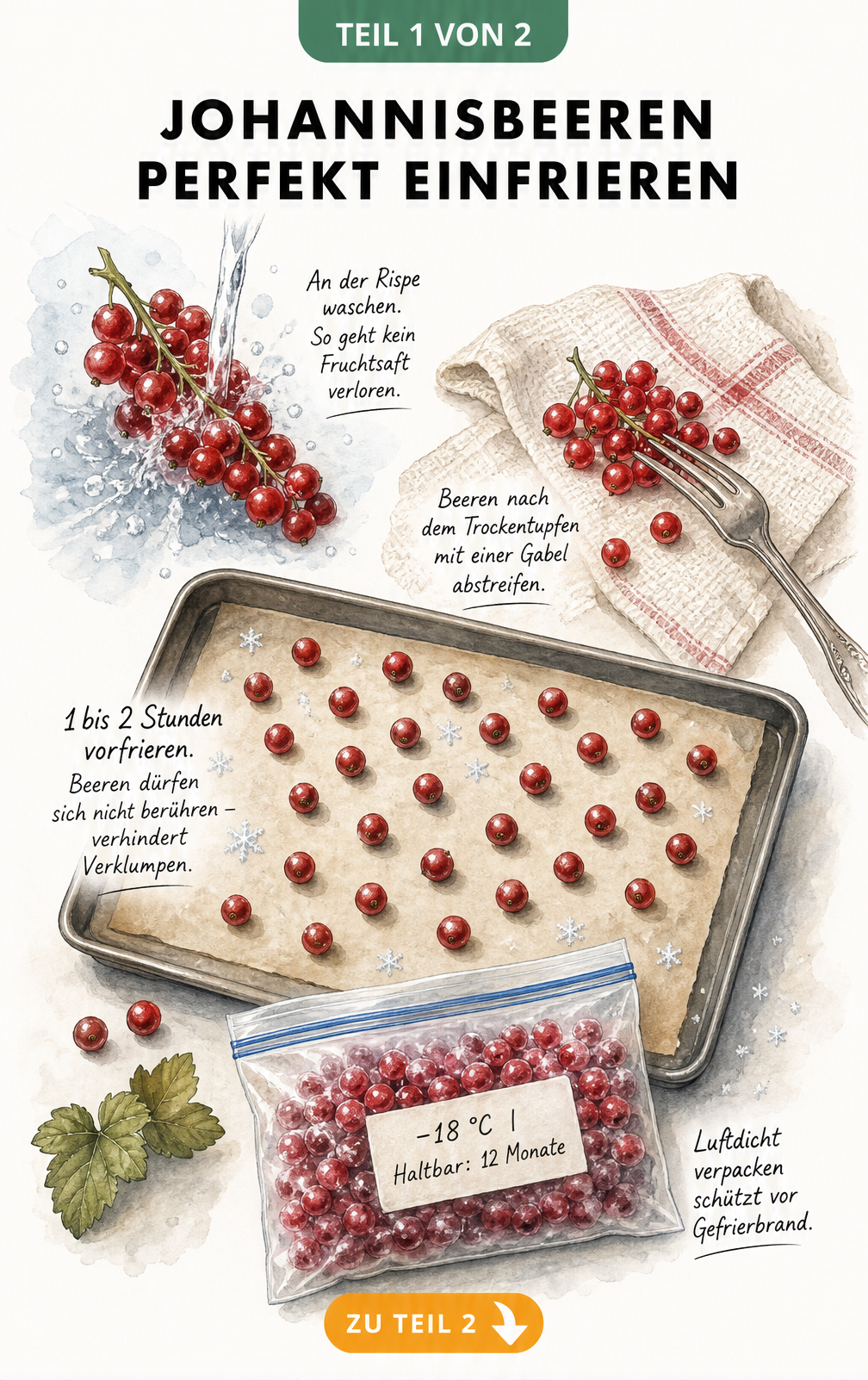 Illustration: Johannisbeeren an der Rispe waschen, mit Gabel abstreifen, auf Backblech vorfrieren und luftdicht im Gefrierbeutel verpacken.