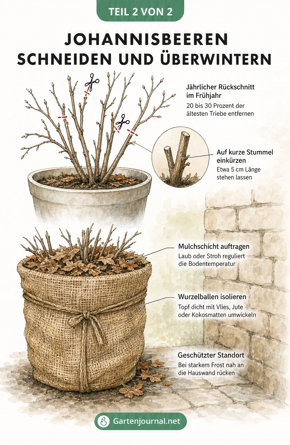 Illustration eines Johannisbeerstrauchs im Spätwinter, die den jährlichen Rückschnitt und den Winterschutz des Topfes mit Jute und Mulch zeigt.