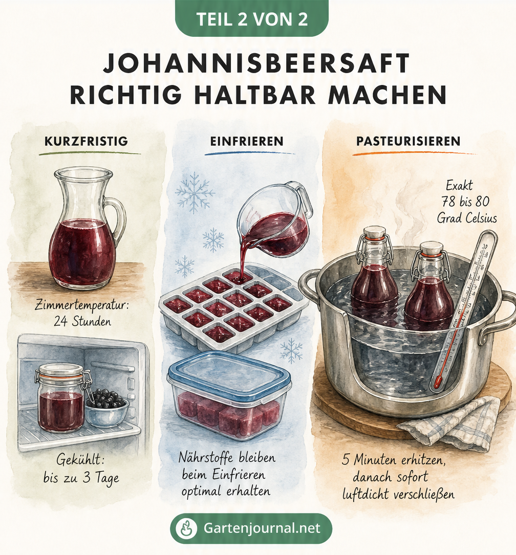 Illustration der Haltbarmachung von Johannisbeersaft durch Kühlen, Einfrieren und Pasteurisieren