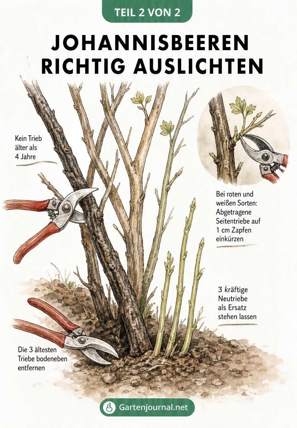 Zeichnung eines Johannisbeerstrauchs, bei dem alte Triebe bodennah abgeschnitten und junge Triebe stehen gelassen werden