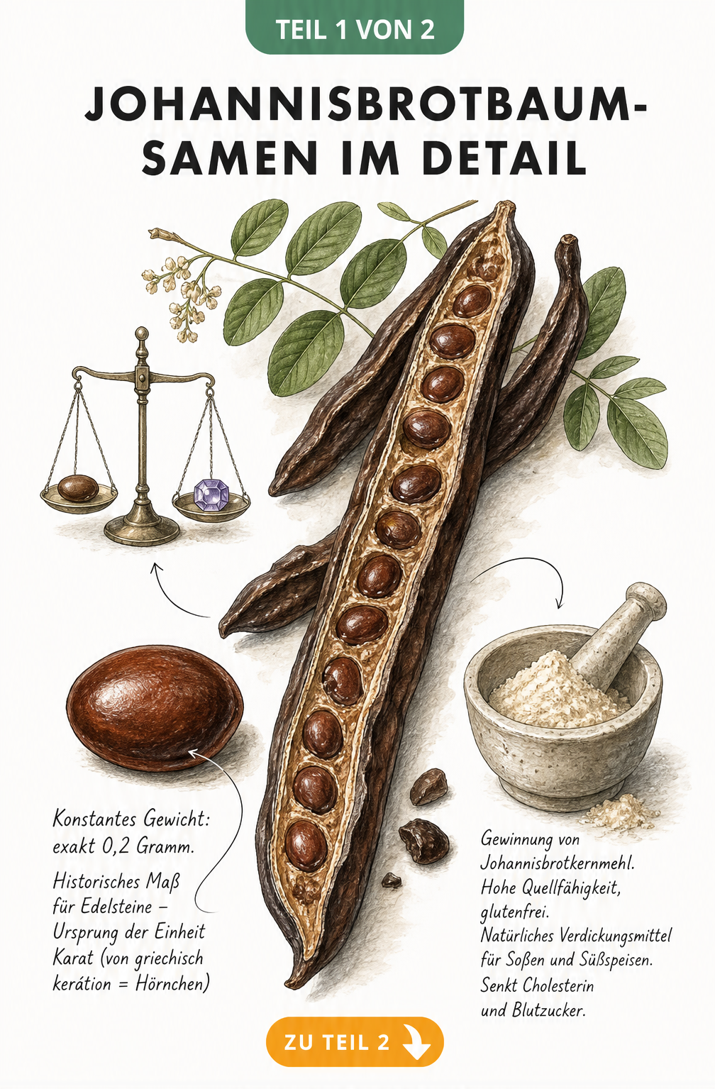 Botanische Illustration einer geöffneten Johannisbrotbaum-Fruchthülse mit Samen, einer antiken Apothekerwaage und einem Mörser zur Gewinnung von...
