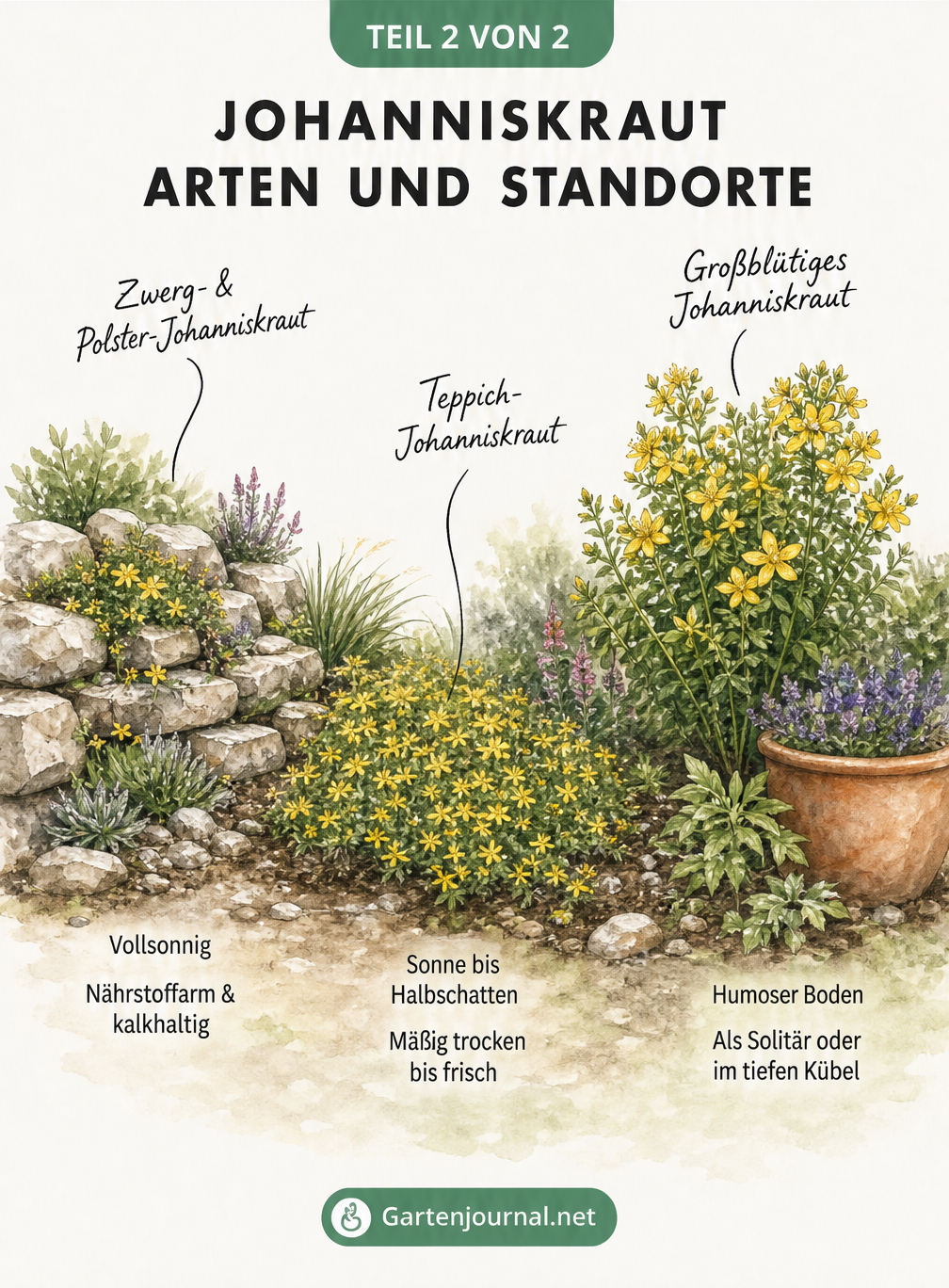 Illustration verschiedener Johanniskraut-Arten in ihren passenden Gartenbereichen wie Steingarten, Böschung und Staudenbeet