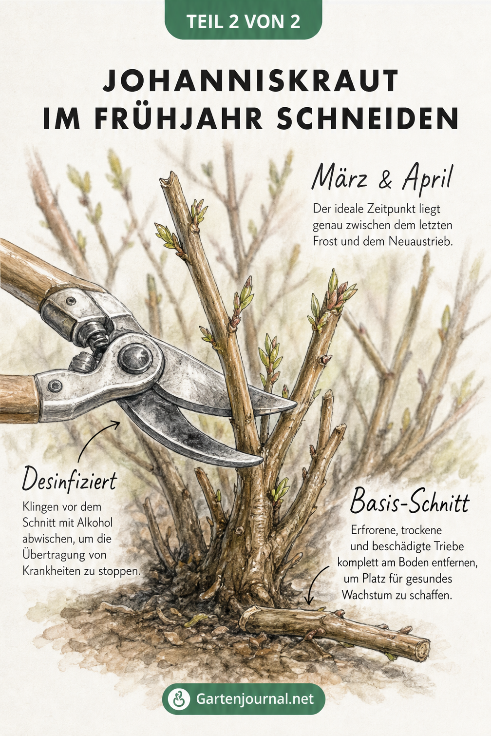Nahaufnahme einer Gartenschere, die an der Basis eines verholzten Johanniskraut-Triebs angesetzt ist, mit Hinweisen zum Schnittzeitpunkt im Frühjahr und zur...