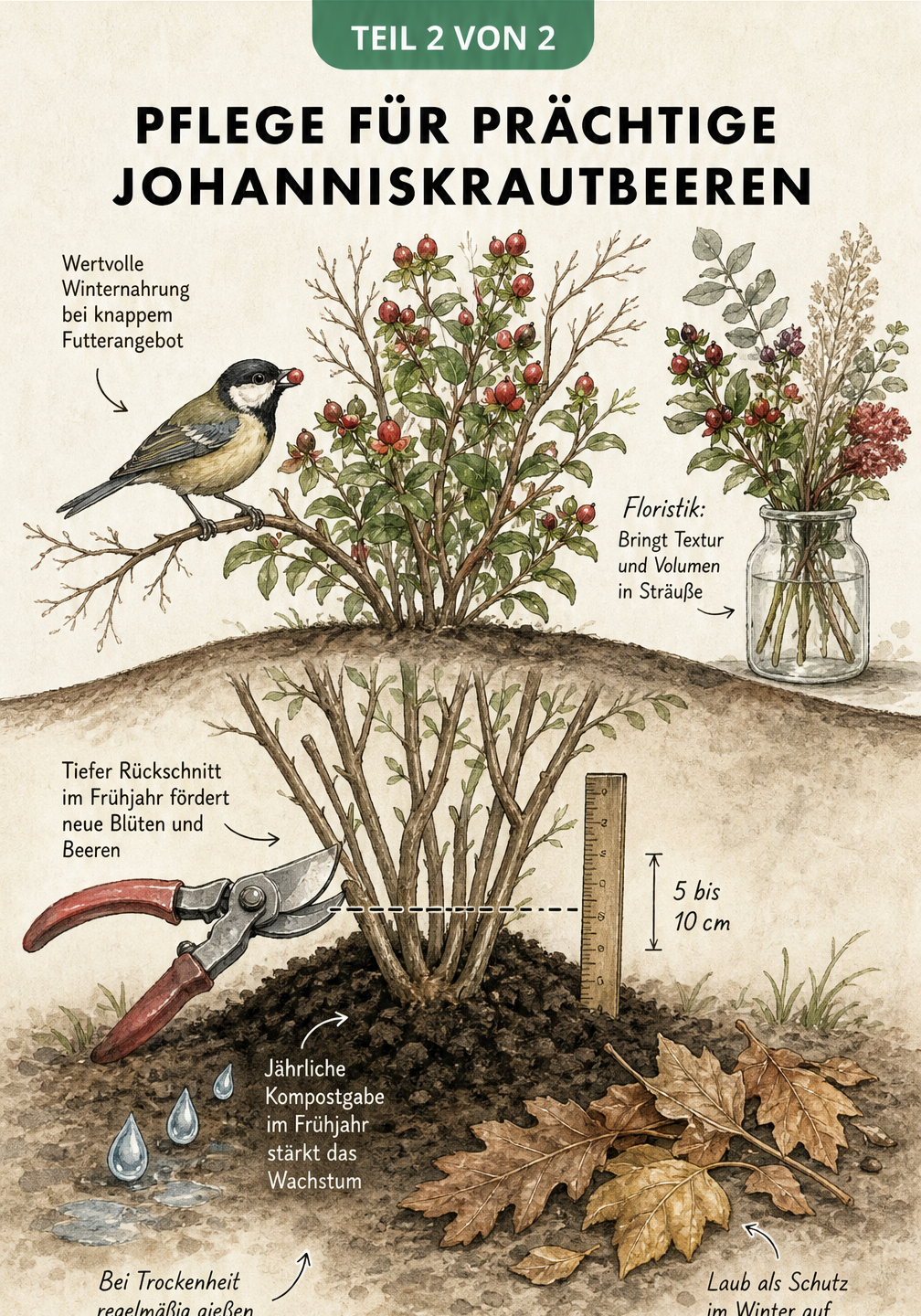 Illustration zur Pflege von Johanniskraut mit Vogel auf Zweig, Gartenschere beim Rückschnitt und Kompostgabe