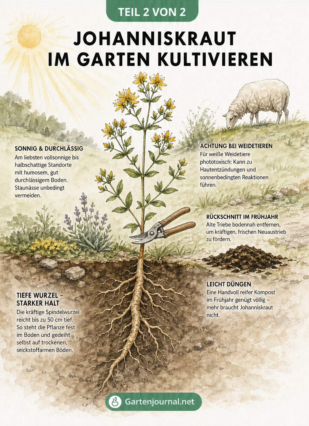 Schnittzeichnung des Johanniskrauts im Garten mit tiefen Wurzeln und Pflegeschritten